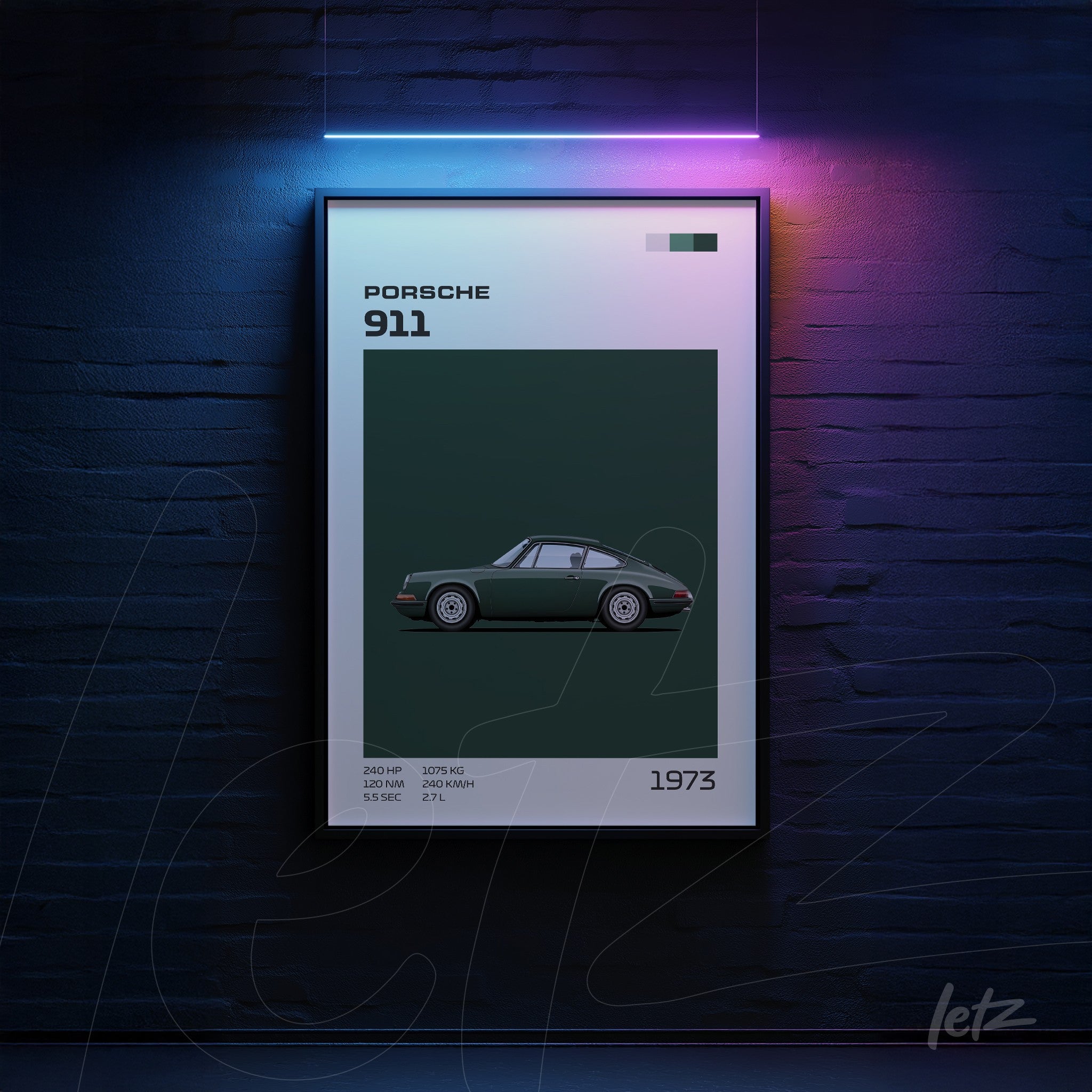 quadro minimalista com ilustração do carro Porsche 911 sobre fundo verde escuro em moldura preta