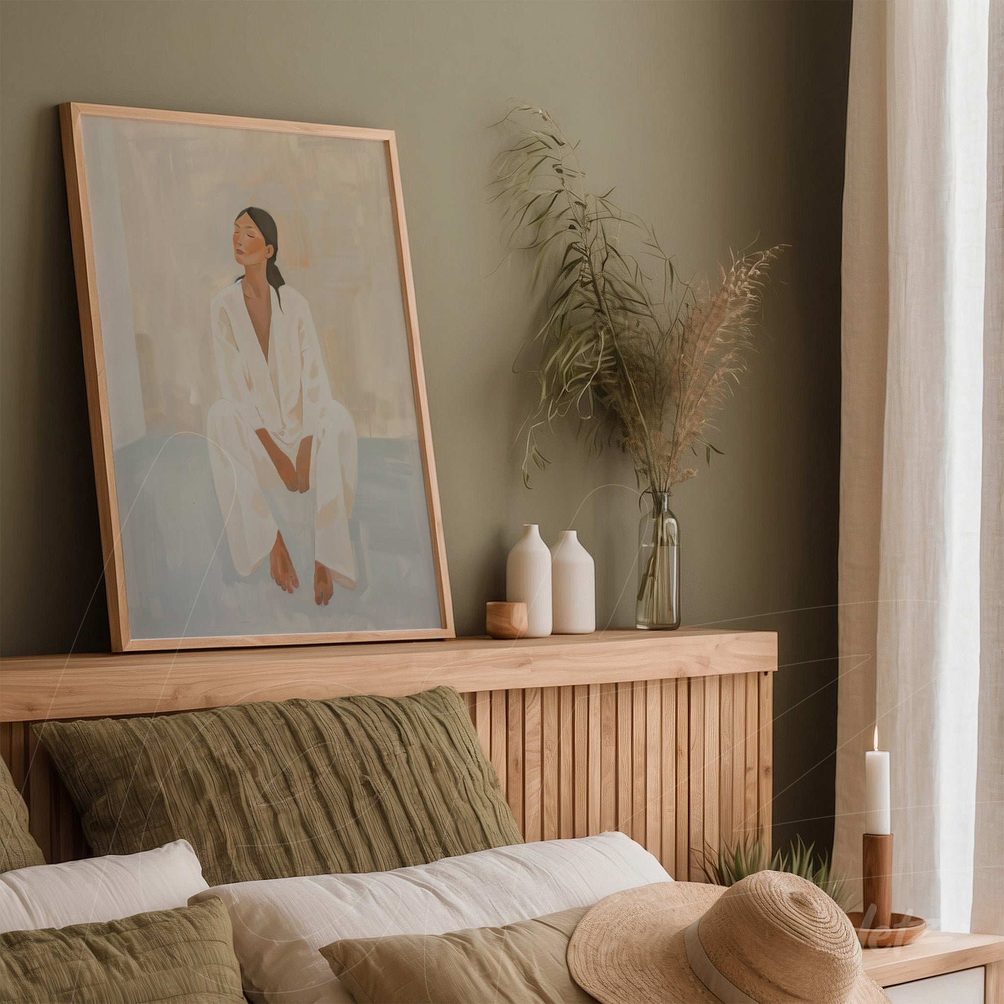 quadro com arte abstrata de mulher sentada em moldura clara na parede verde