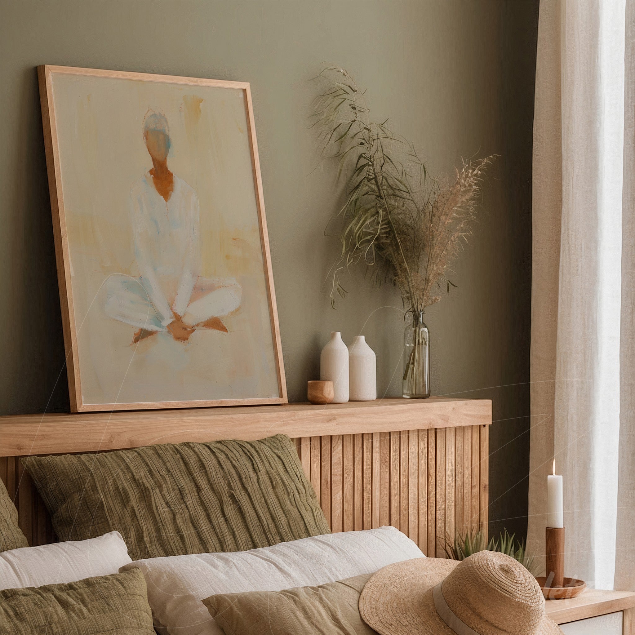 quadro com arte abstrata de figura sentada em loja com moldura de madeira clara