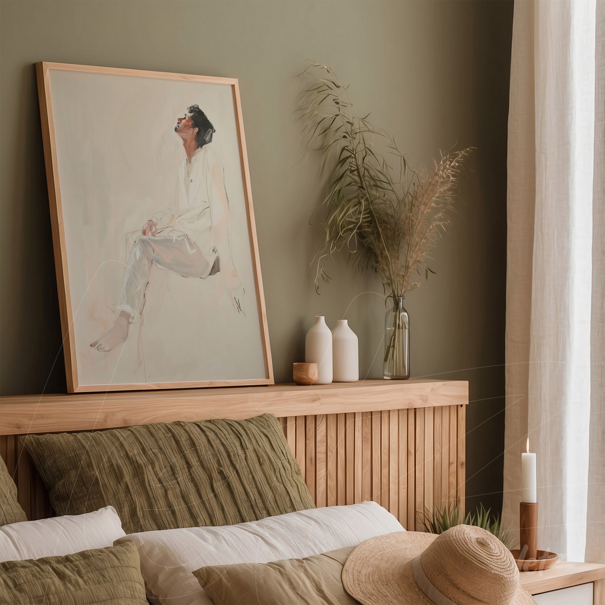 quadro com retrato minimalista de homem sentado em moldura de madeira clara, exibido sobre parede verde com decoração em tons neutros