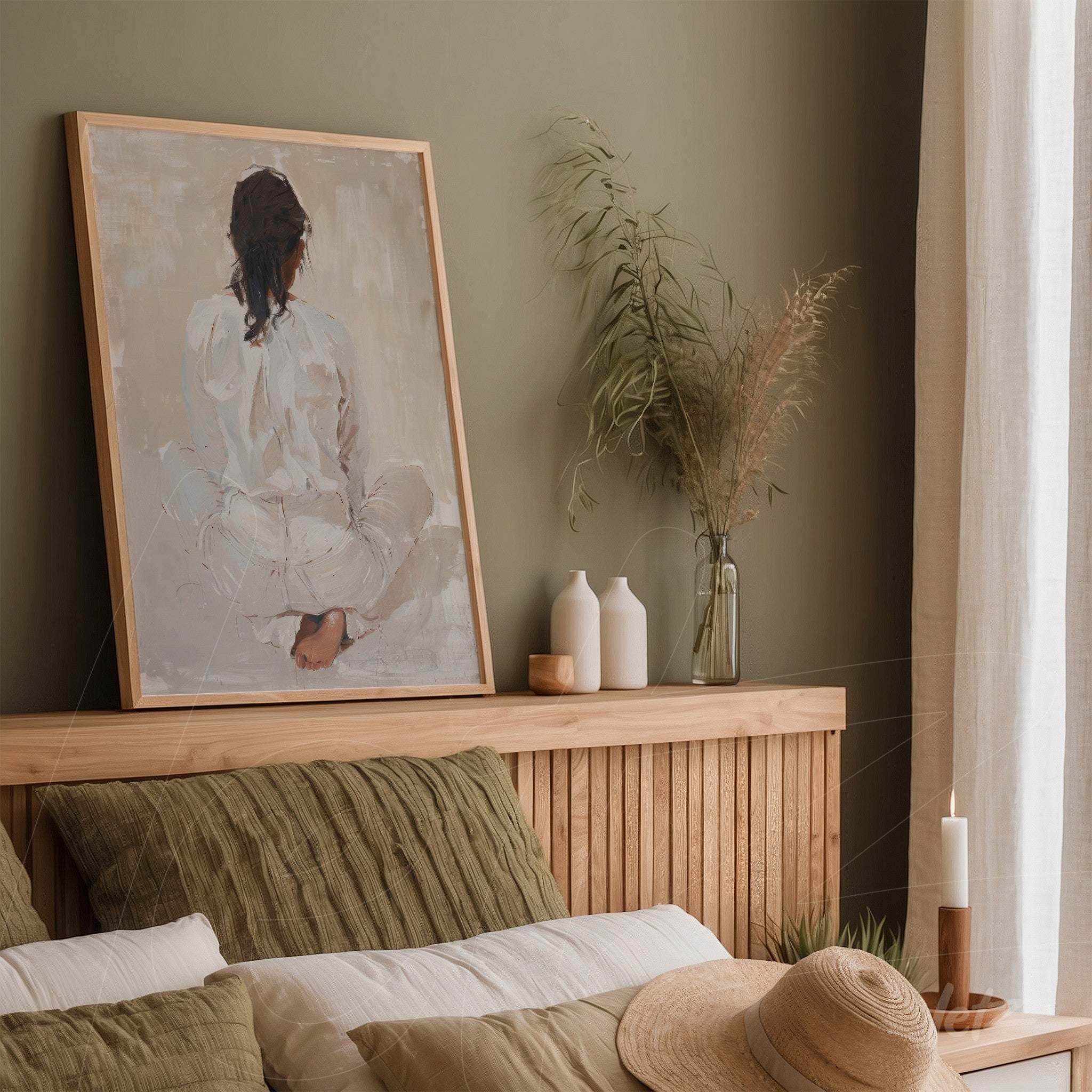 quadro com retrato de uma mulher sentada em posição de meditação, moldura de madeira clara, exposto sobre cabeceira de cama em ambiente minimalista