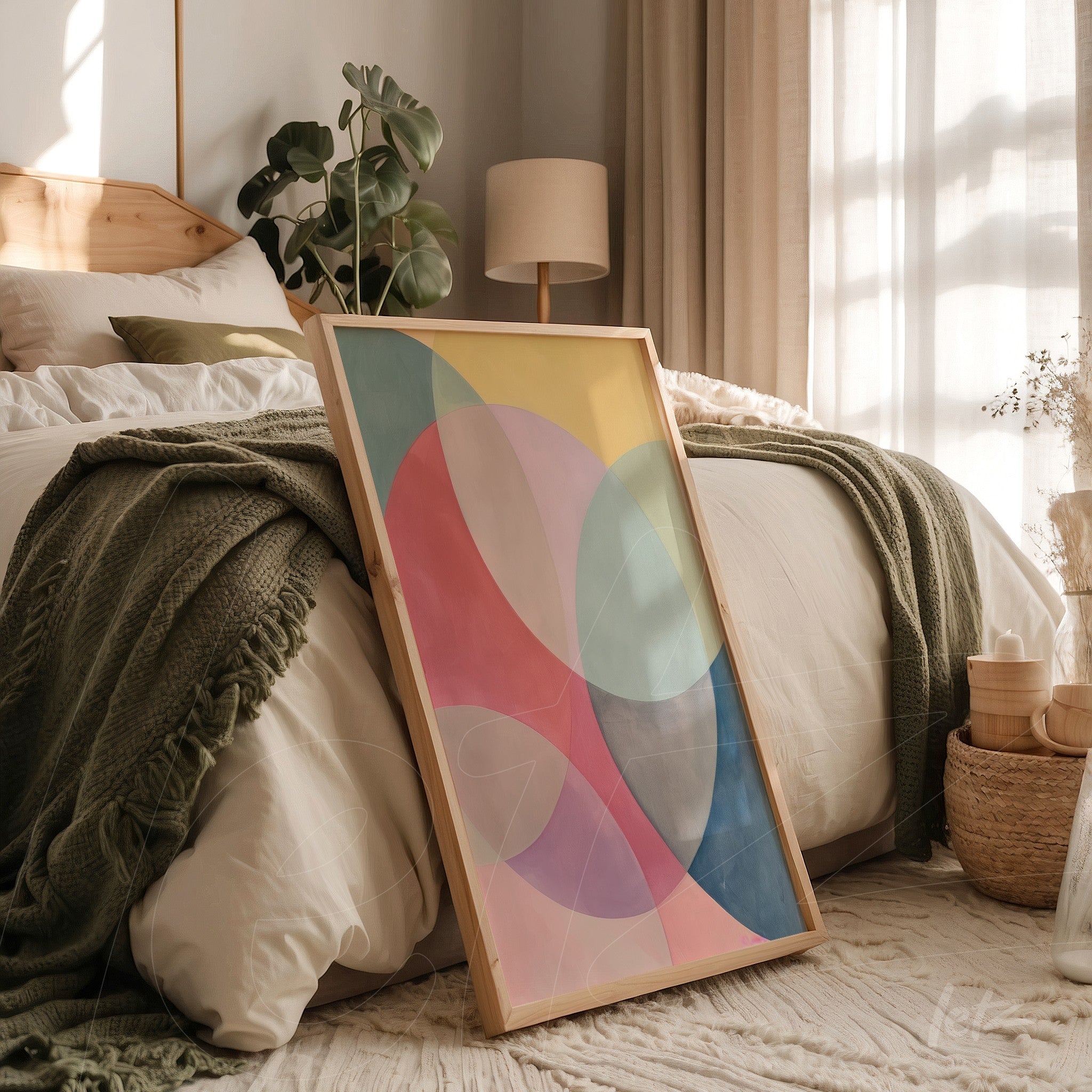 quadro com arte abstrata em tons pastel com formas circulares, apoiado em cama com lençol claro e cobertor verde
