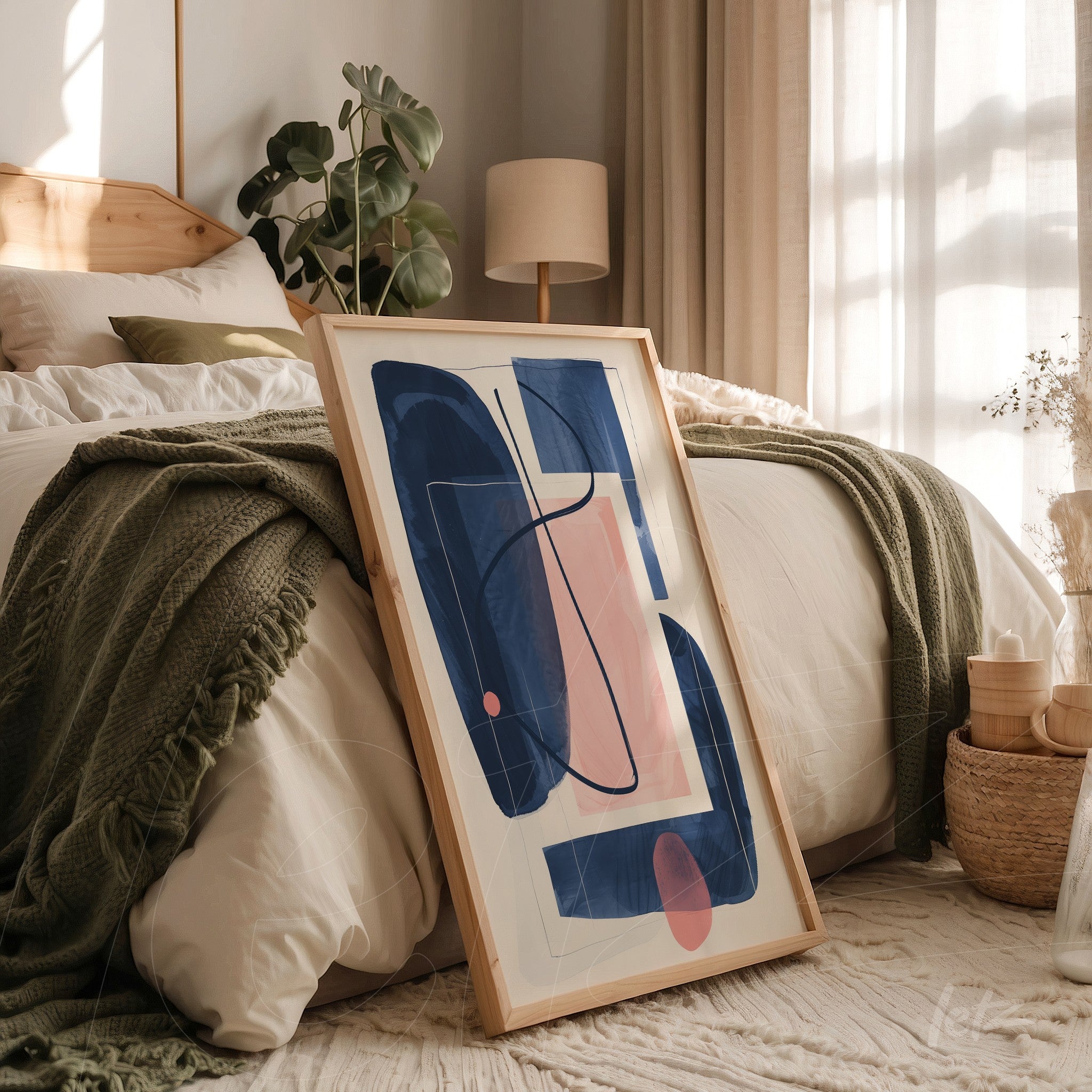 quadro com arte abstrata em moldura clara apoiado em cama com colcha verde