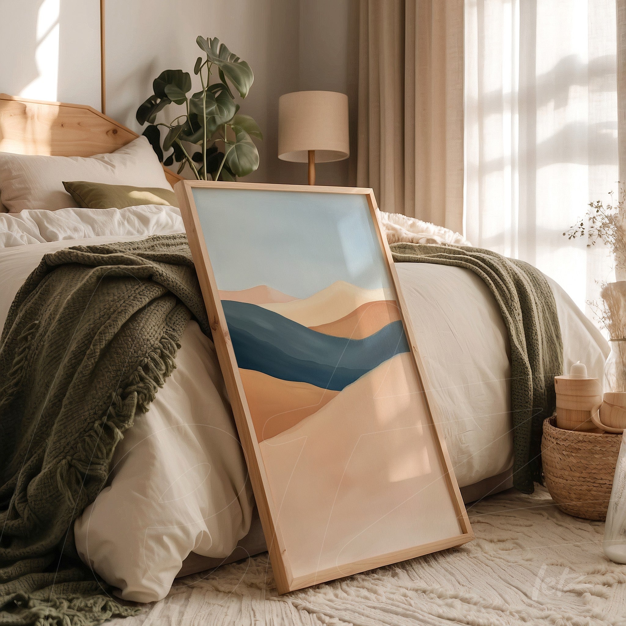 quadro com arte abstrata em tons de azul e bege em moldura de madeira exposto em quarto com cama e decoração suave