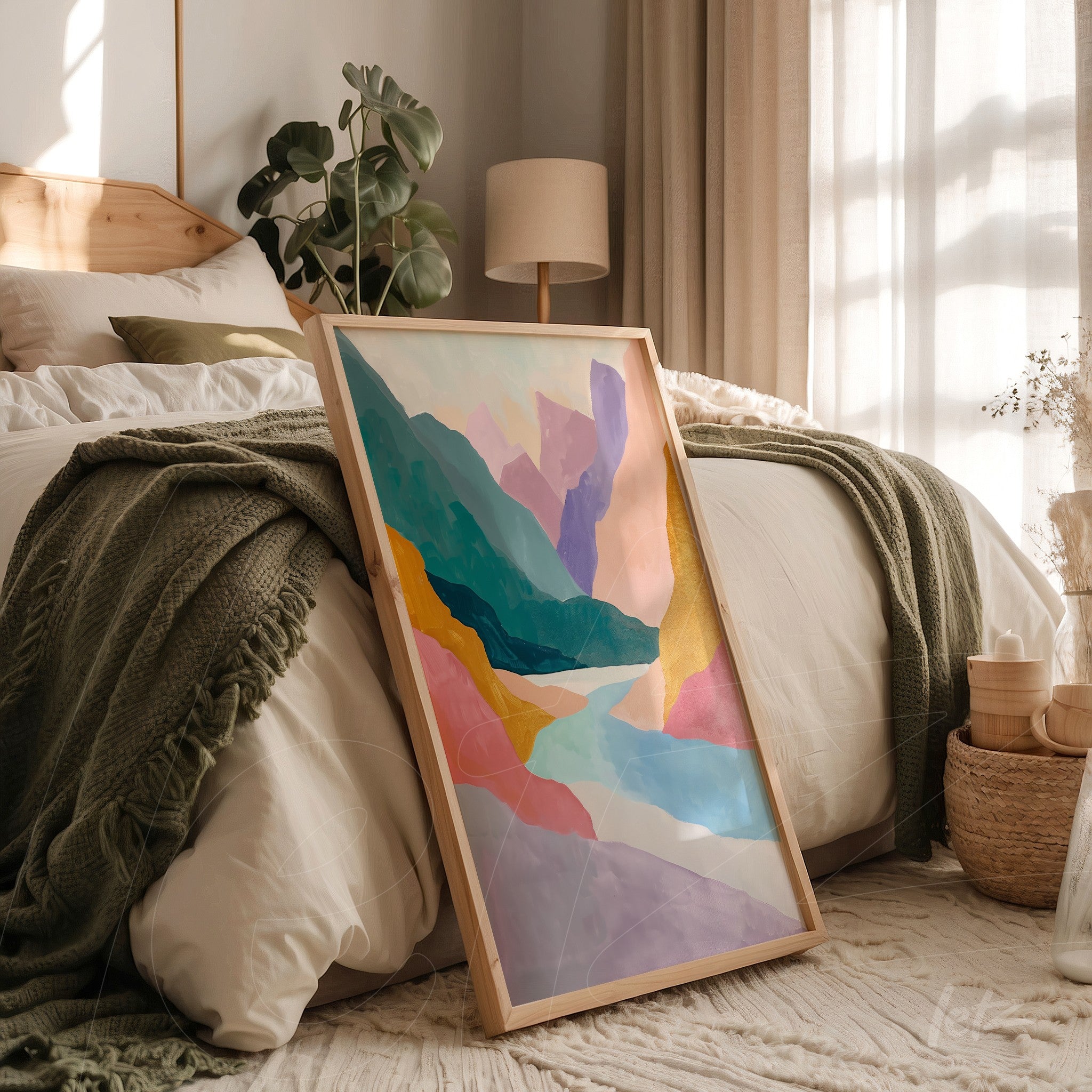 quadro com arte abstrata em moldura de madeira clara, exibido em ambiente de quarto aconchegante com cama e manta verde