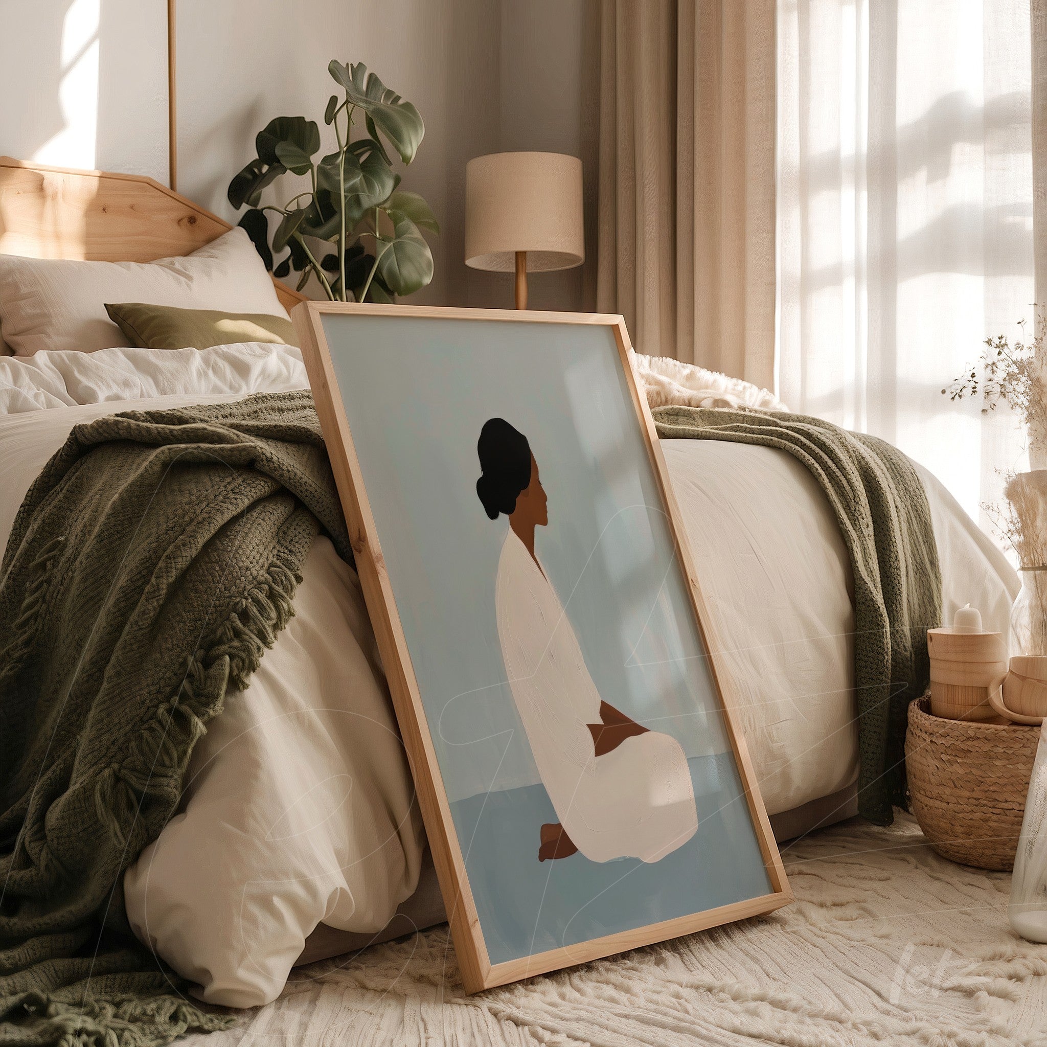 quadro com arte minimalista de retrato feminino em moldura de madeira sobre cama com lençóis brancos