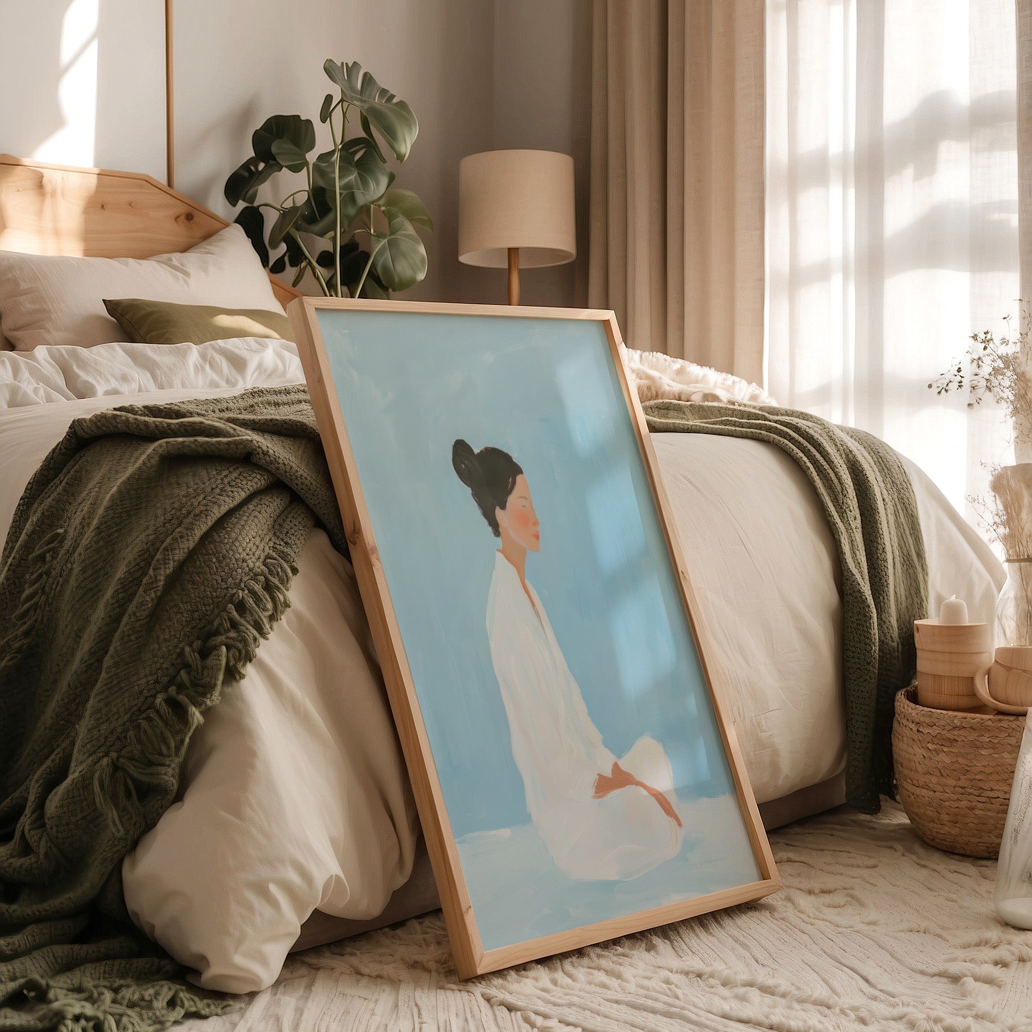 quadro com arte de mulher sentada em fundo azul, apoiado sobre a cama em ambiente ensolarado com decoração minimalista