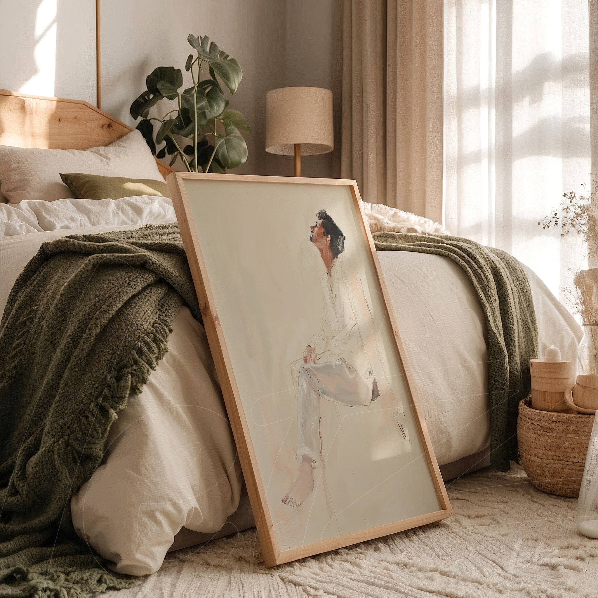 quadro com arte minimalista de uma figura feminina sentada em moldura de madeira clara, apoiado em uma cama com cobertor verde e iluminação suave do quarto