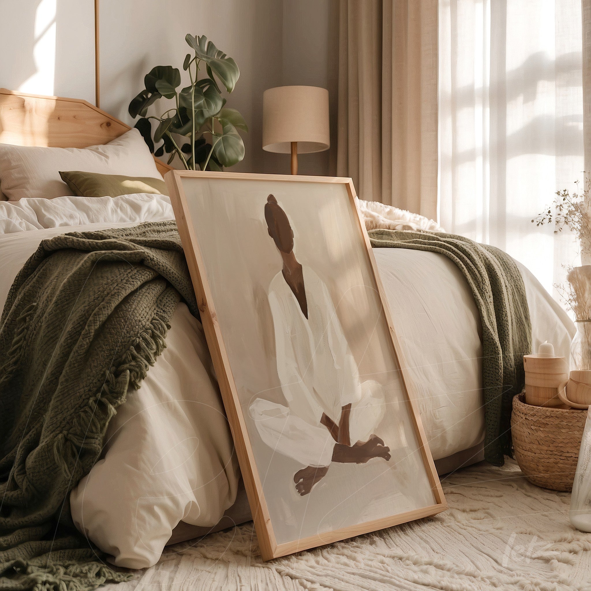 quadro com arte minimalista de figura sentada vestido de branco em moldura de madeira apoiado em cama com roupa de cama suave
