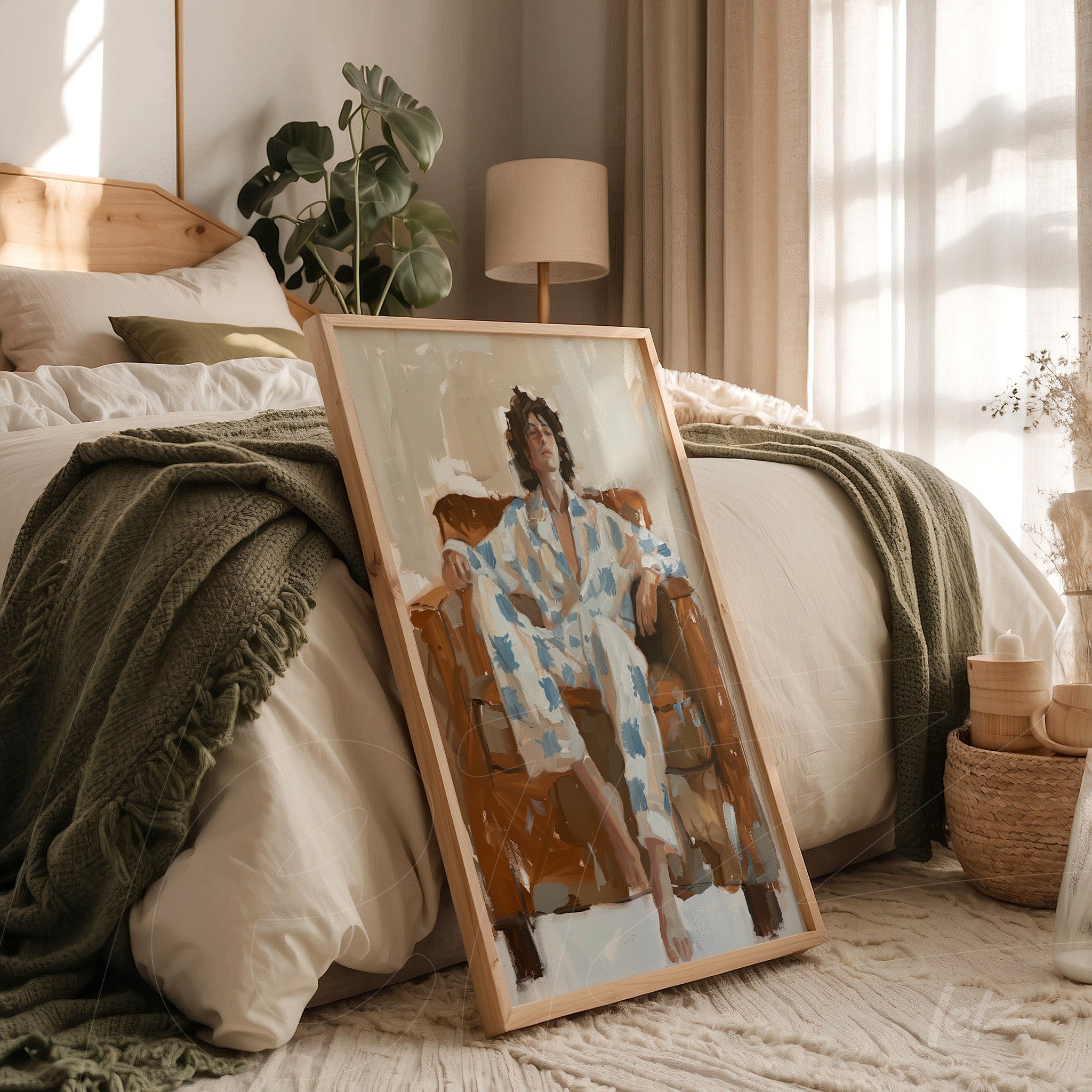 quadro em moldura de madeira com retrato de mulher sentada em sofá, usando pijama de padrões azuis, apoiado sobre cama em ambiente aconchegante