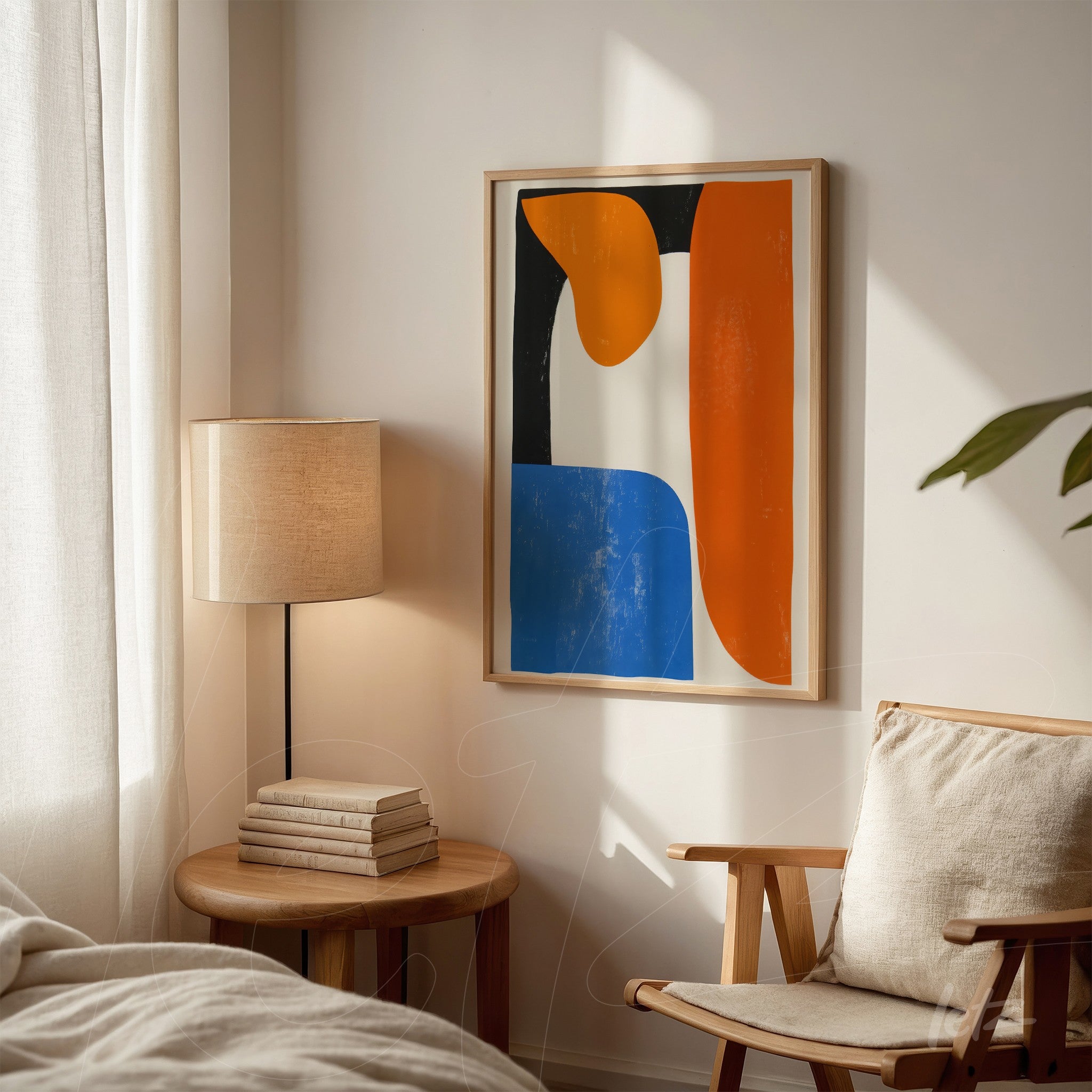 quadro abstrato com formas geométricas em tons de azul, laranja e preto, em moldura clara, exposto em parede neutra ao lado de luminária