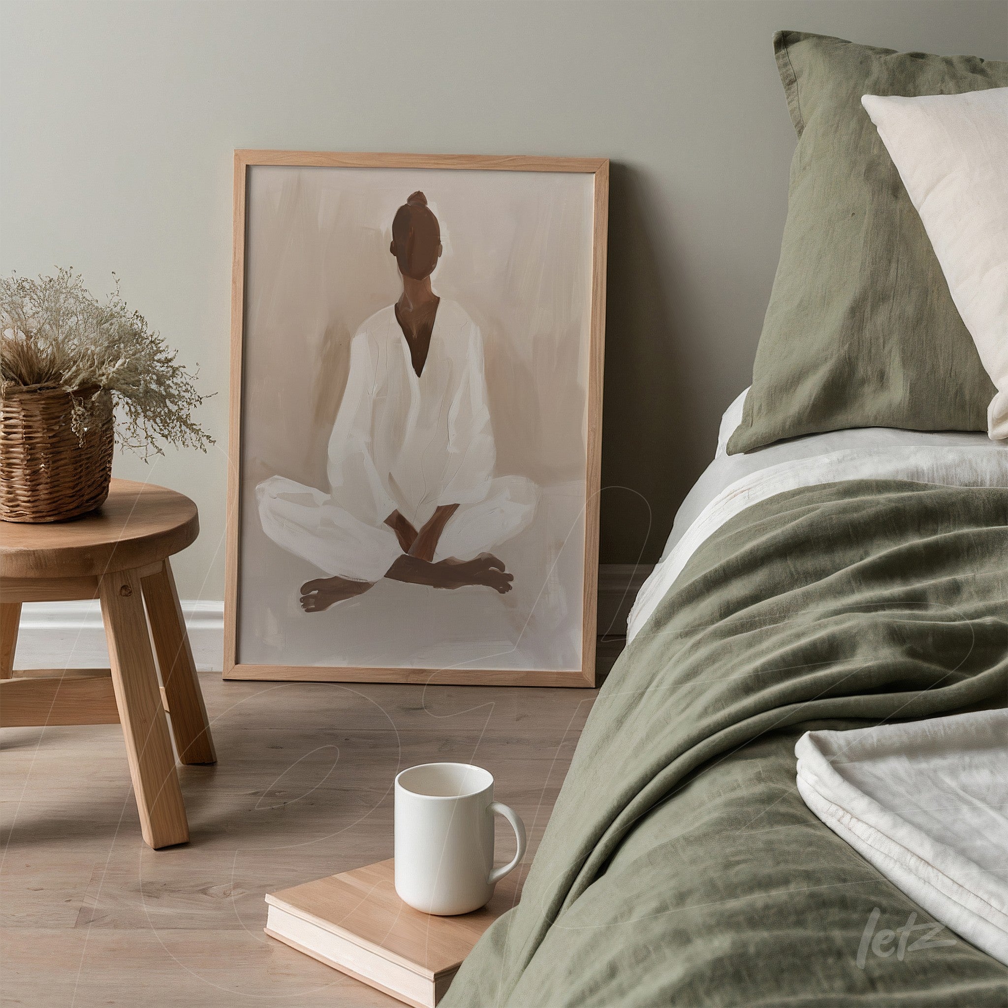 quadro com arte minimalista de figura meditando em moldura de madeira clara sobre cabeceira de cama com roupa de cama em tons de verde