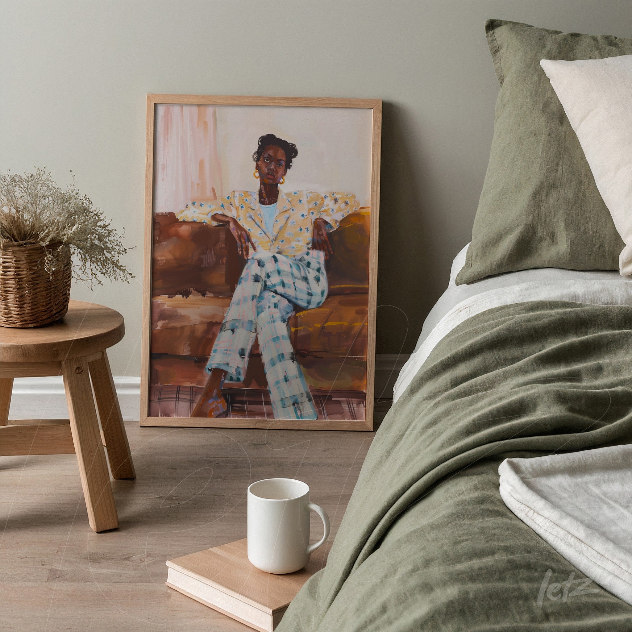 quadro com retrato colorido de mulher sentada em sofá, moldura de madeira clara, exibido ao lado de cama com roupa de cama em tons neutros