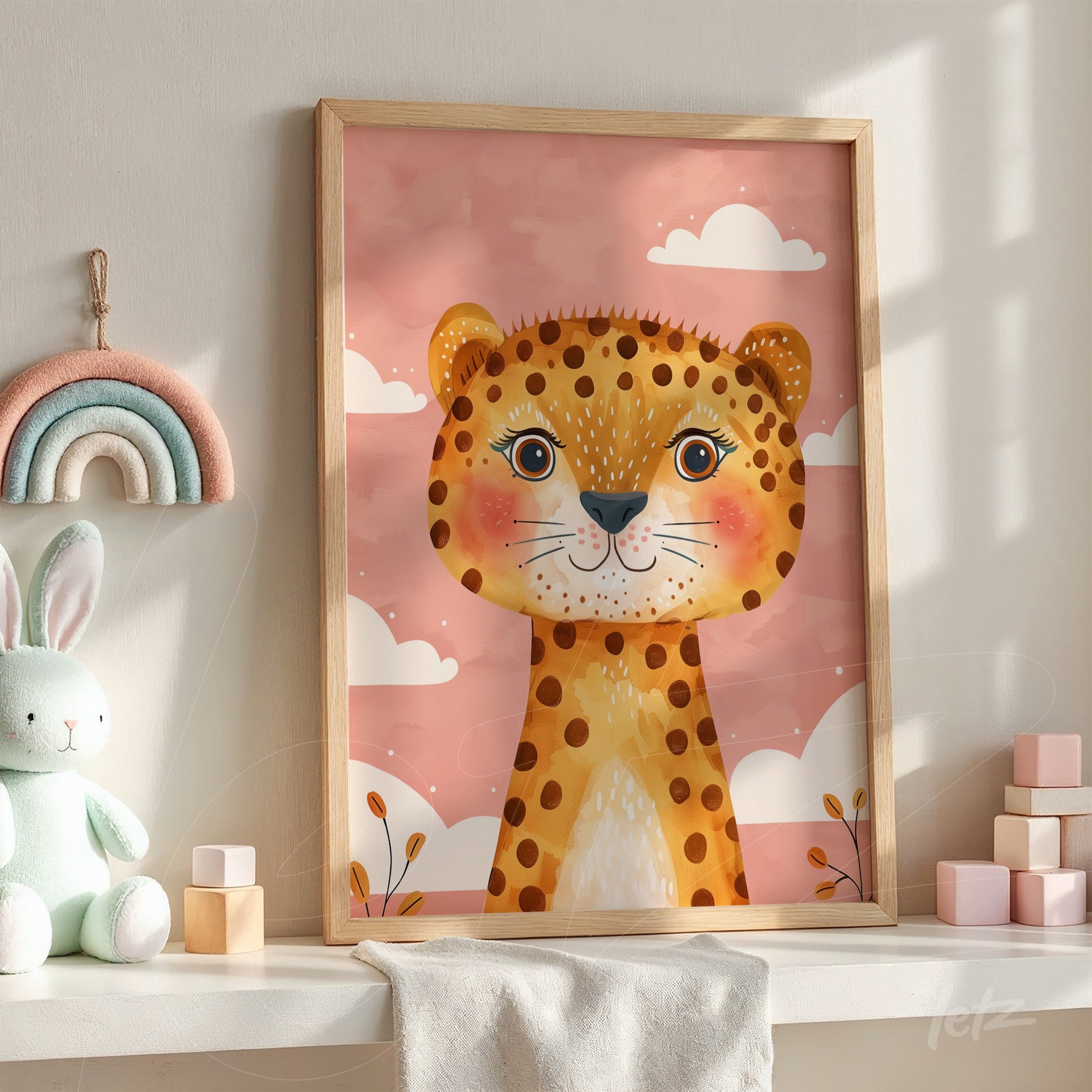 quadro com ilustração de leopardo em fundo rosa, moldura de madeira clara e detalhes de nuvens