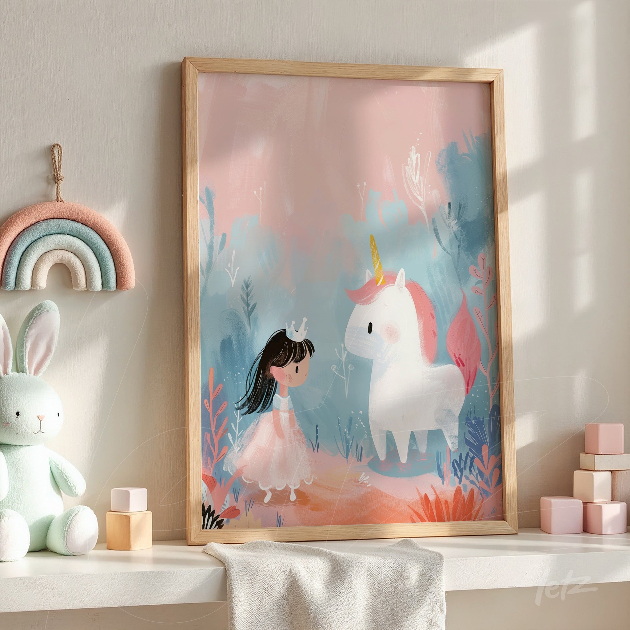 quadro com ilustração infantil de menina com vestido rosa ao lado de um unicórnio em fundo pastel