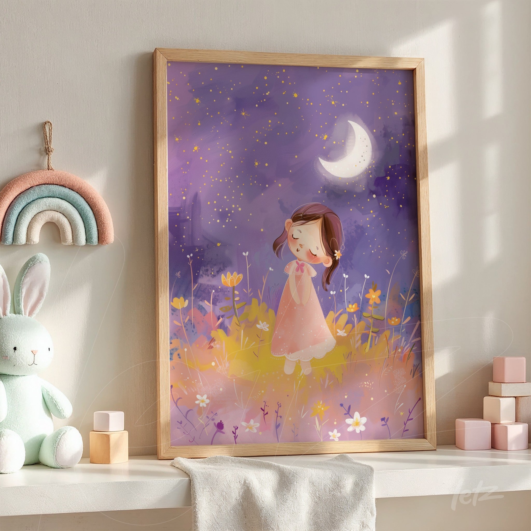 quadro decorativo com ilustração infantil de menina em vestido rosa sob céu estrelado com lua crescente, em moldura de madeira clara