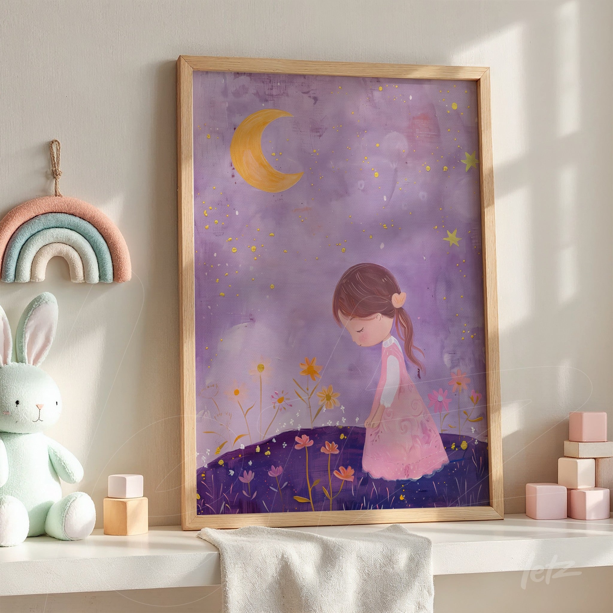 quadro com arte infantil de menina com vestido claro em um cenário noturno com lua e flores, em moldura de madeira clara