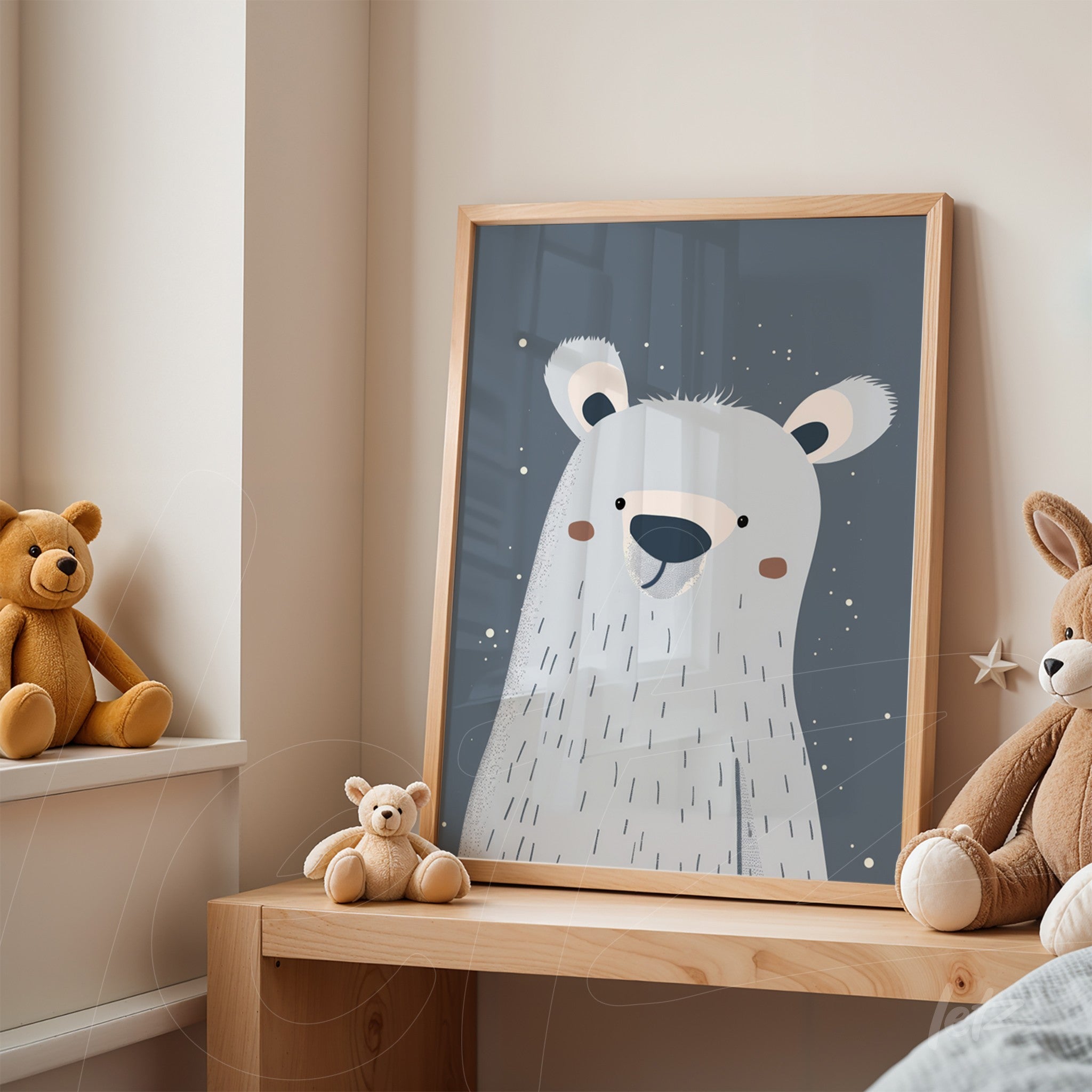 quadro infantil em moldura de madeira clara com ilustração de urso polar em fundo azul acinzentado