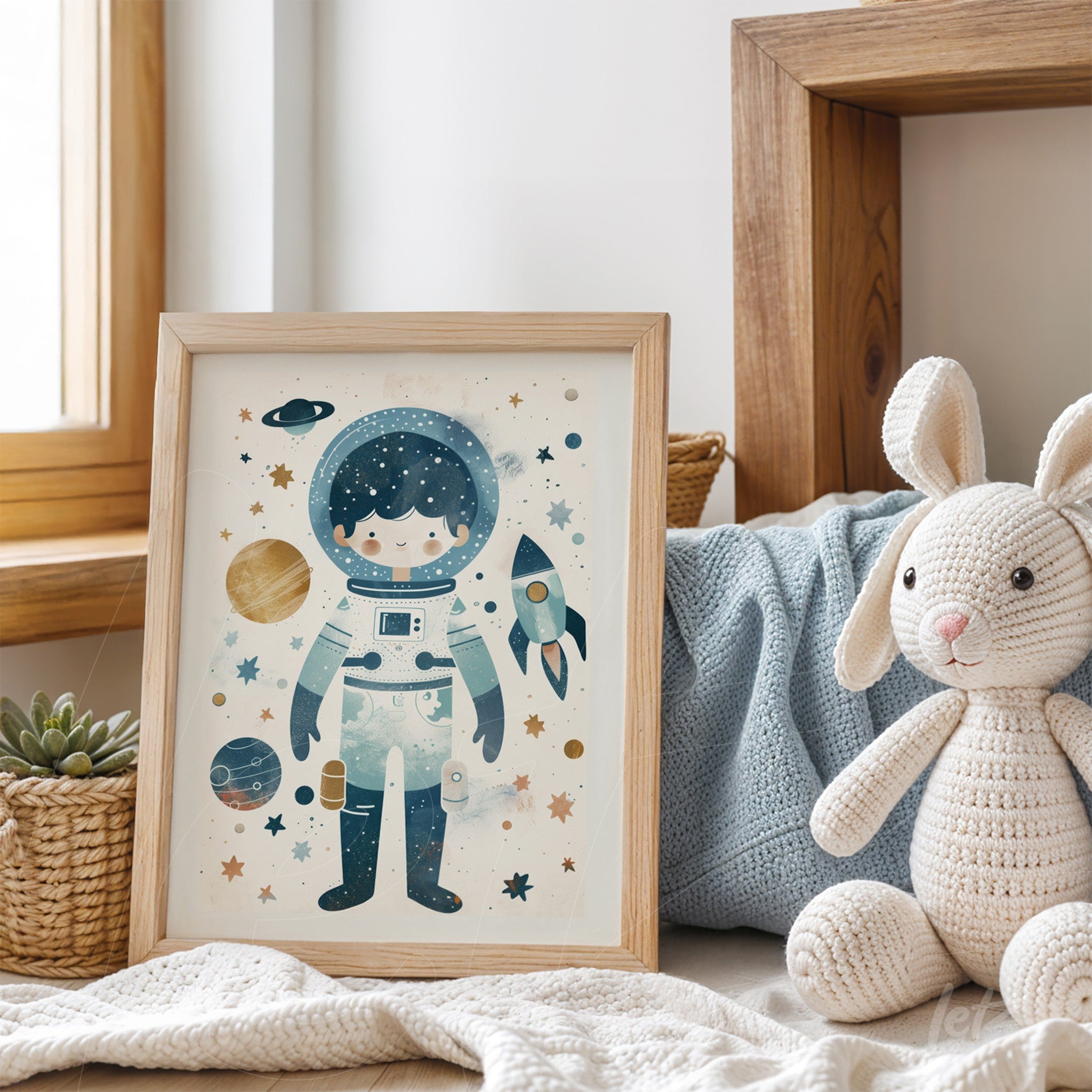 quadro com ilustração infantil de astronauta em moldura de madeira clara