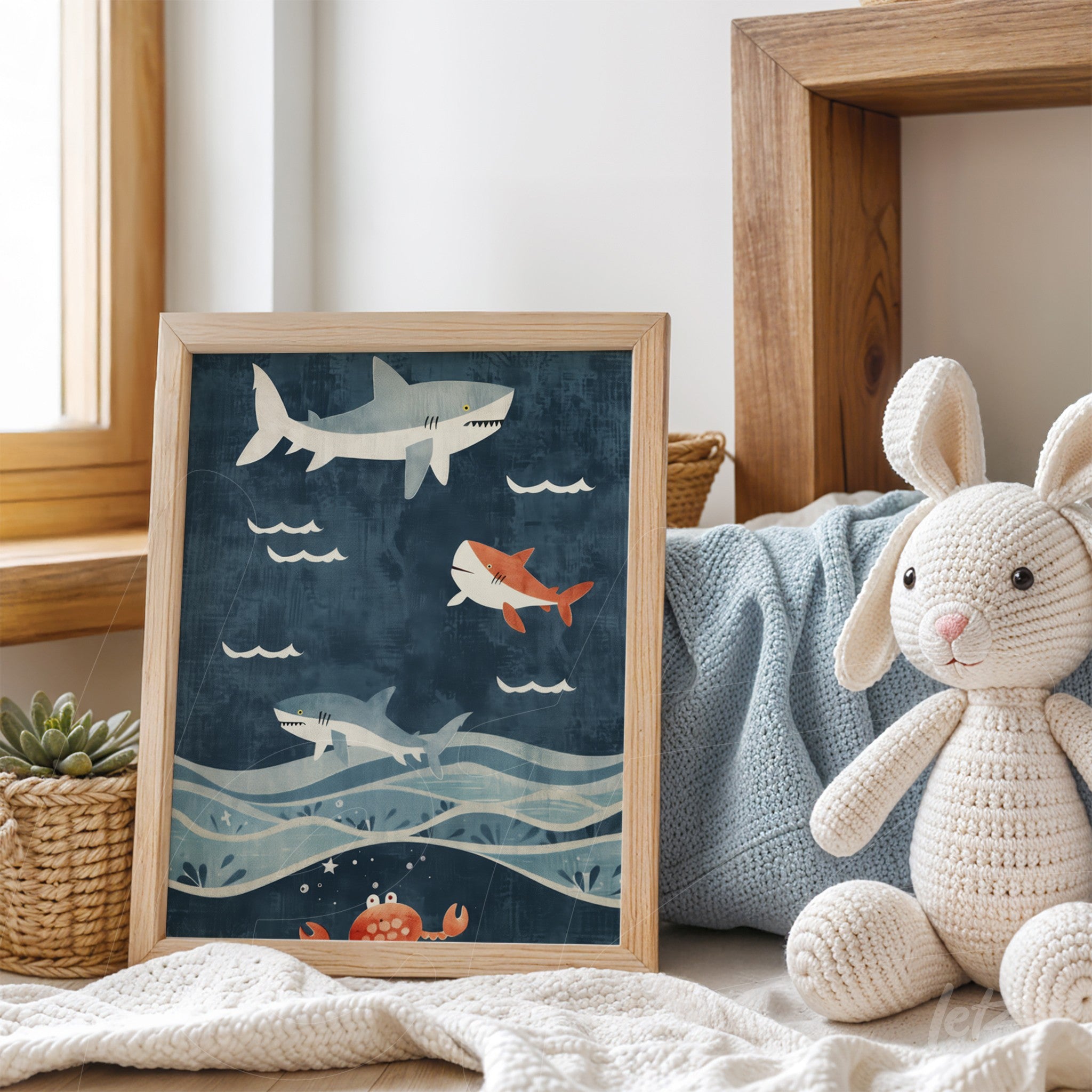 quadro com ilustração infantil de tubarões nadando em fundo azul, moldura de madeira clara e decorado com brinquedos