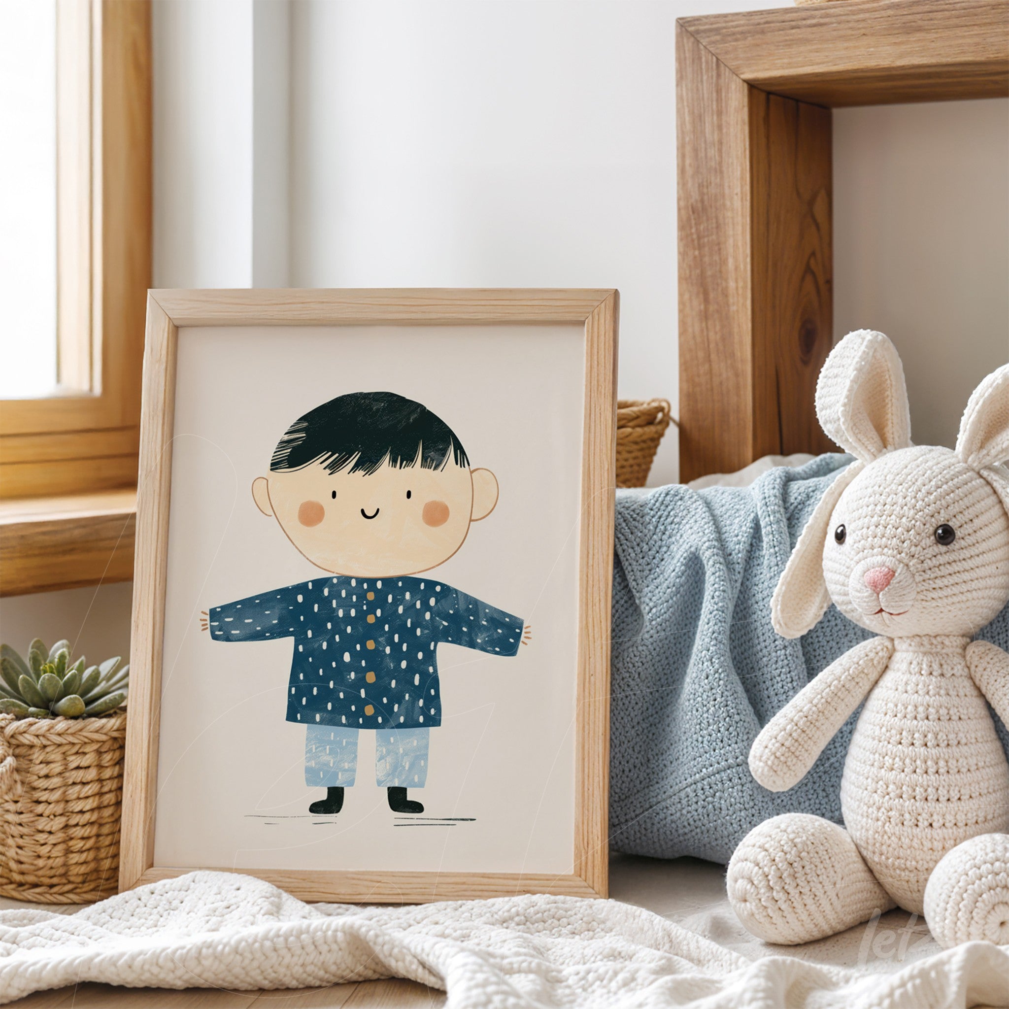 quadro com ilustração infantil de menino sorridente vestindo suéter azul em moldura de madeira clara