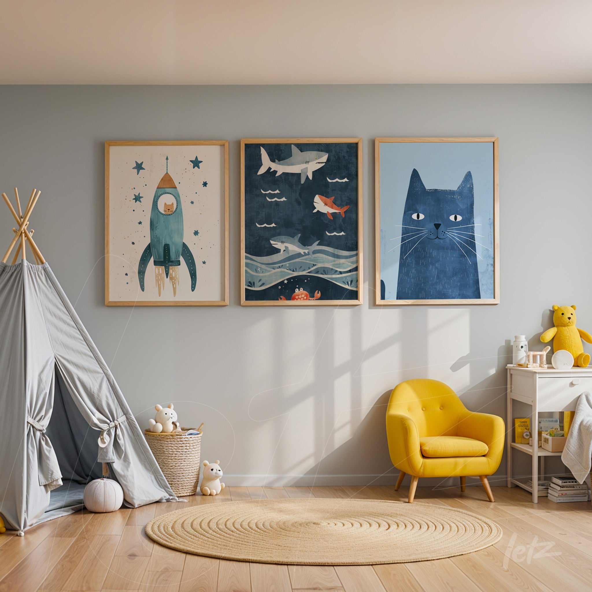 composição de três quadros decorativos em moldura clara, com arte infantil de foguete, tubarões e gato em fundo azul