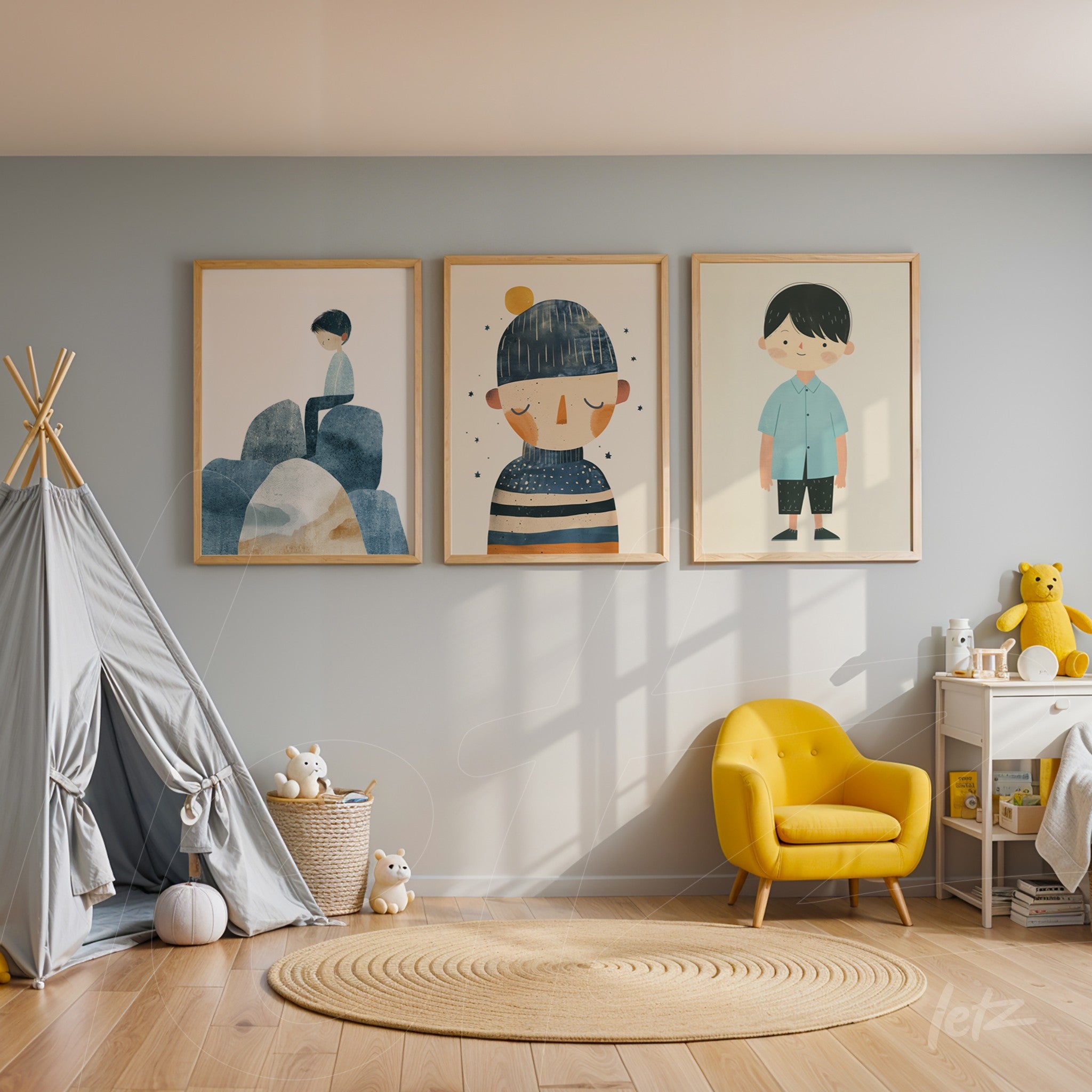composição de três quadros decorativos em moldura clara com ilustrações modernas e divertidas sobre a parede de um quarto infantil, destacando um menino pensativo, uma menina com gorro e um garoto sorridente