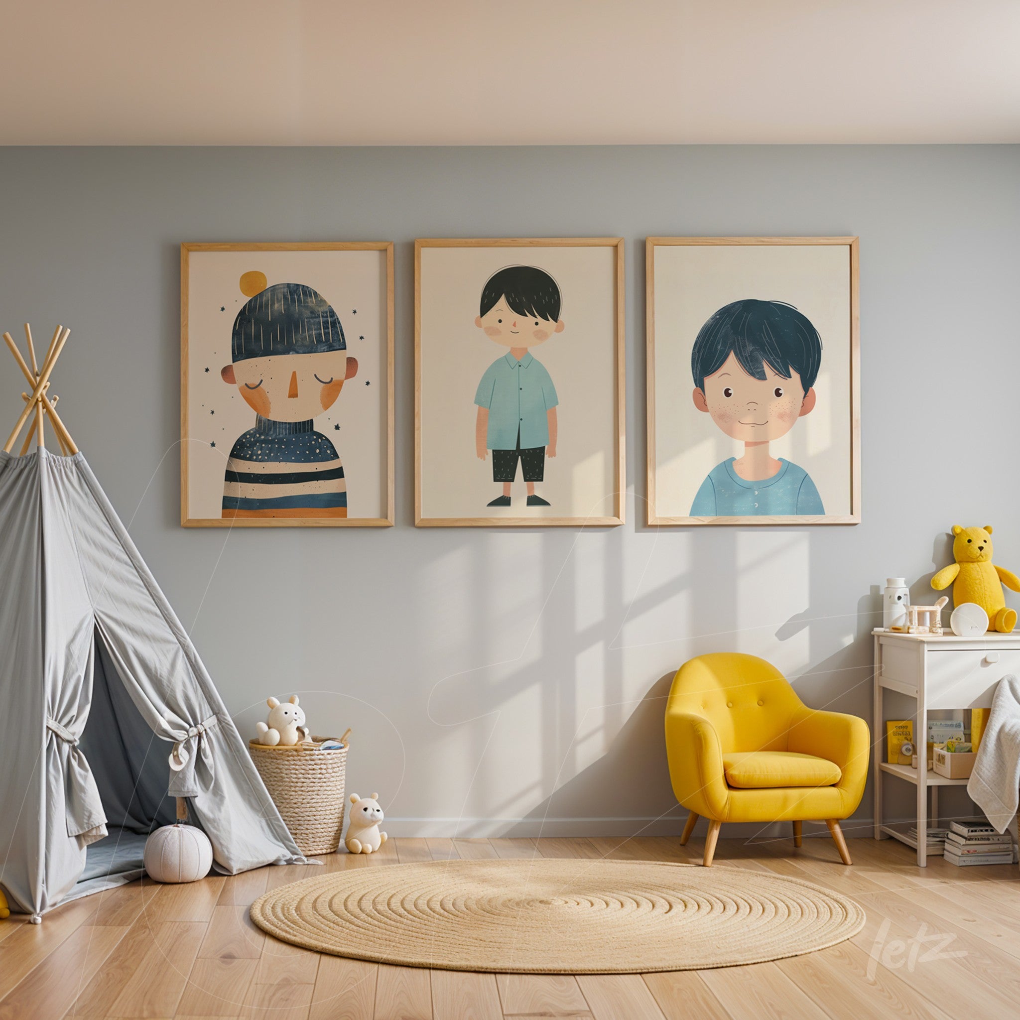 composição de quadros com ilustrações infantis de meninos em molduras de madeira clara, exibidos sobre uma parede azul clara