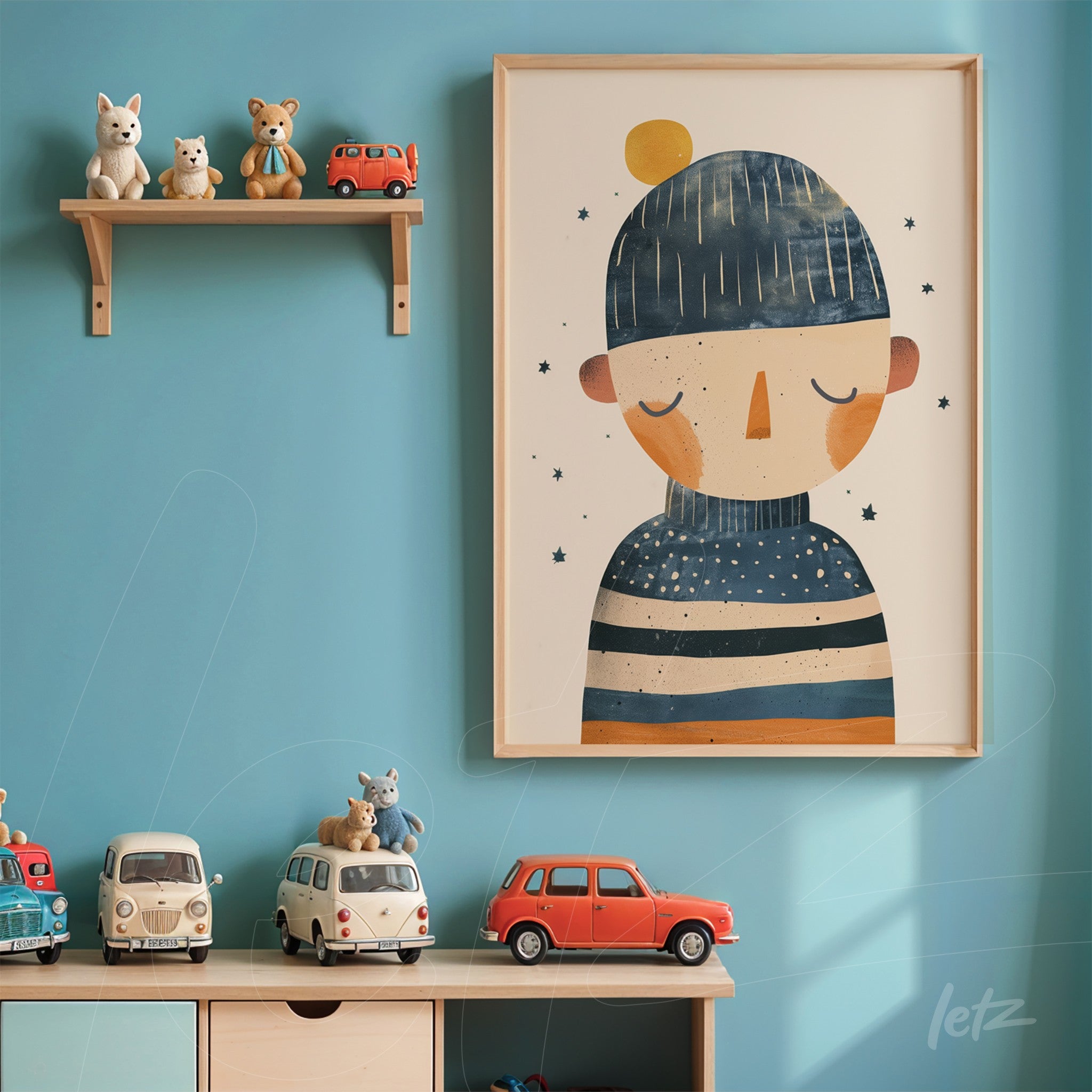 quadro com ilustração infantil de personagem com gorro azul e listras, moldura clara sobre parede azul