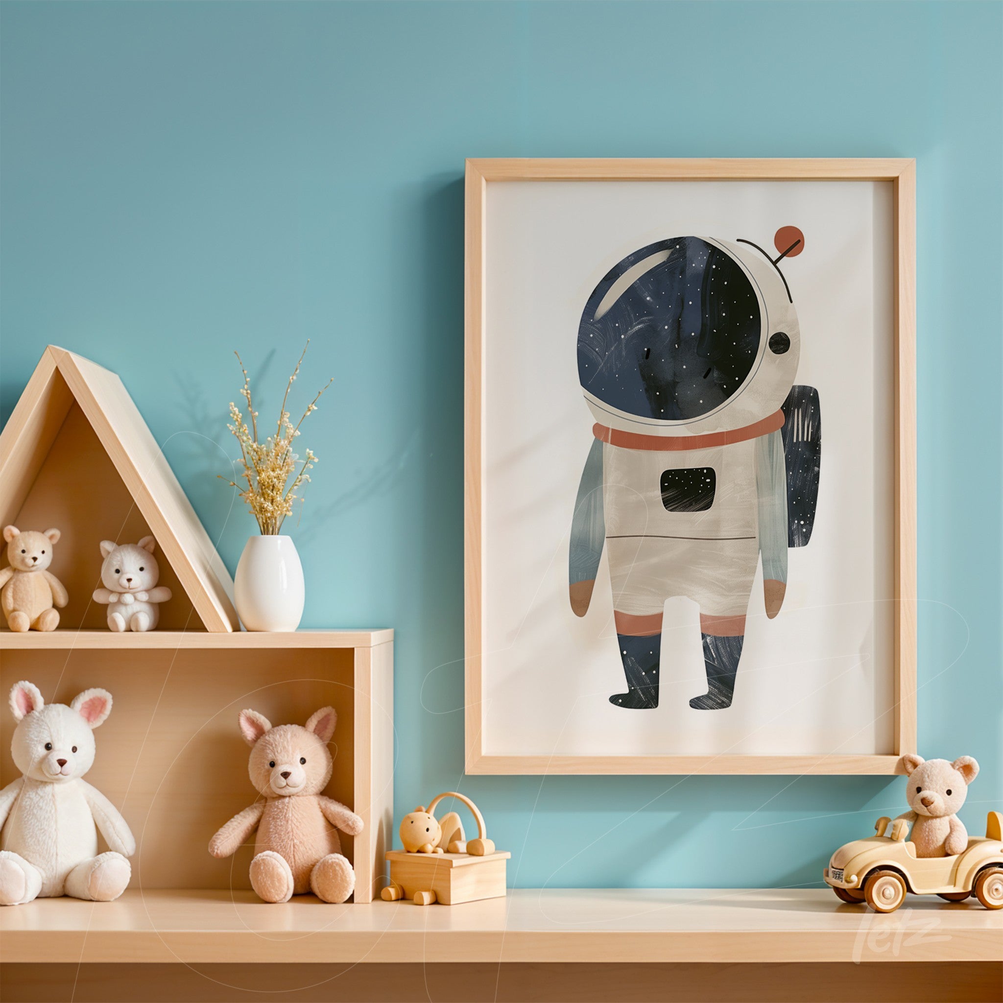 quadro com ilustração de astronauta em moldura de madeira clara, exposto em parede azul com prateleiras de brinquedos de pelúcia