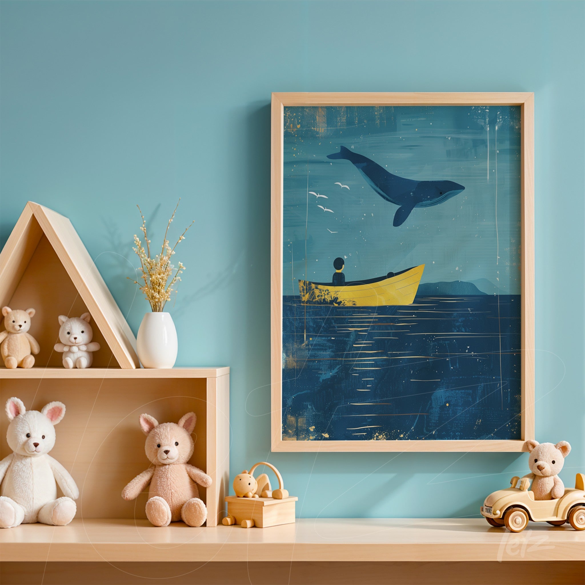 quadro em moldura clara de uma cena nostálgica com um barco amarelo sob uma grande baleia azul, exibido em ambiente decorativo com prateleiras de madeira e brinquedos