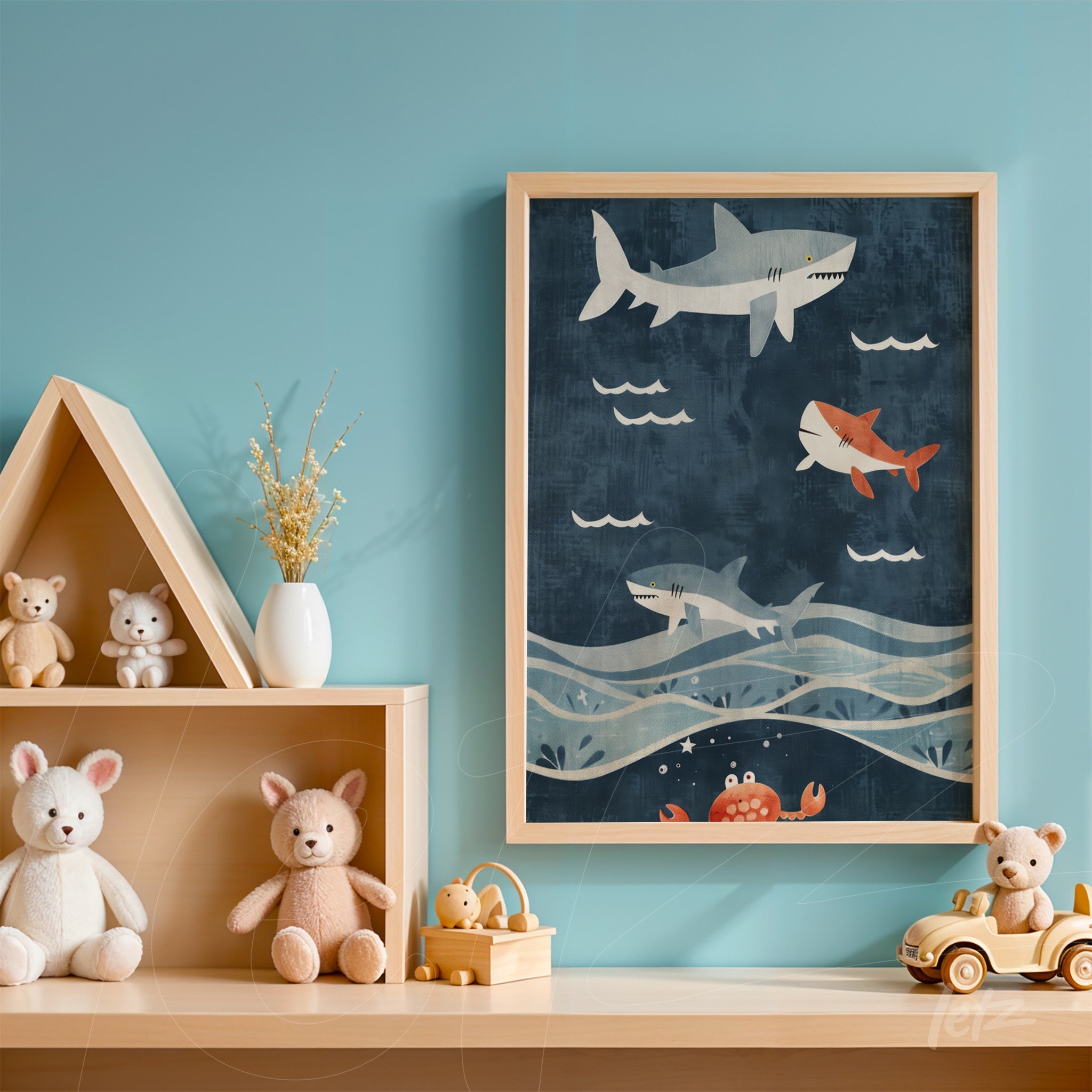 quadro de arte infantil com tubarões nadando em fundo azul e moldura clara