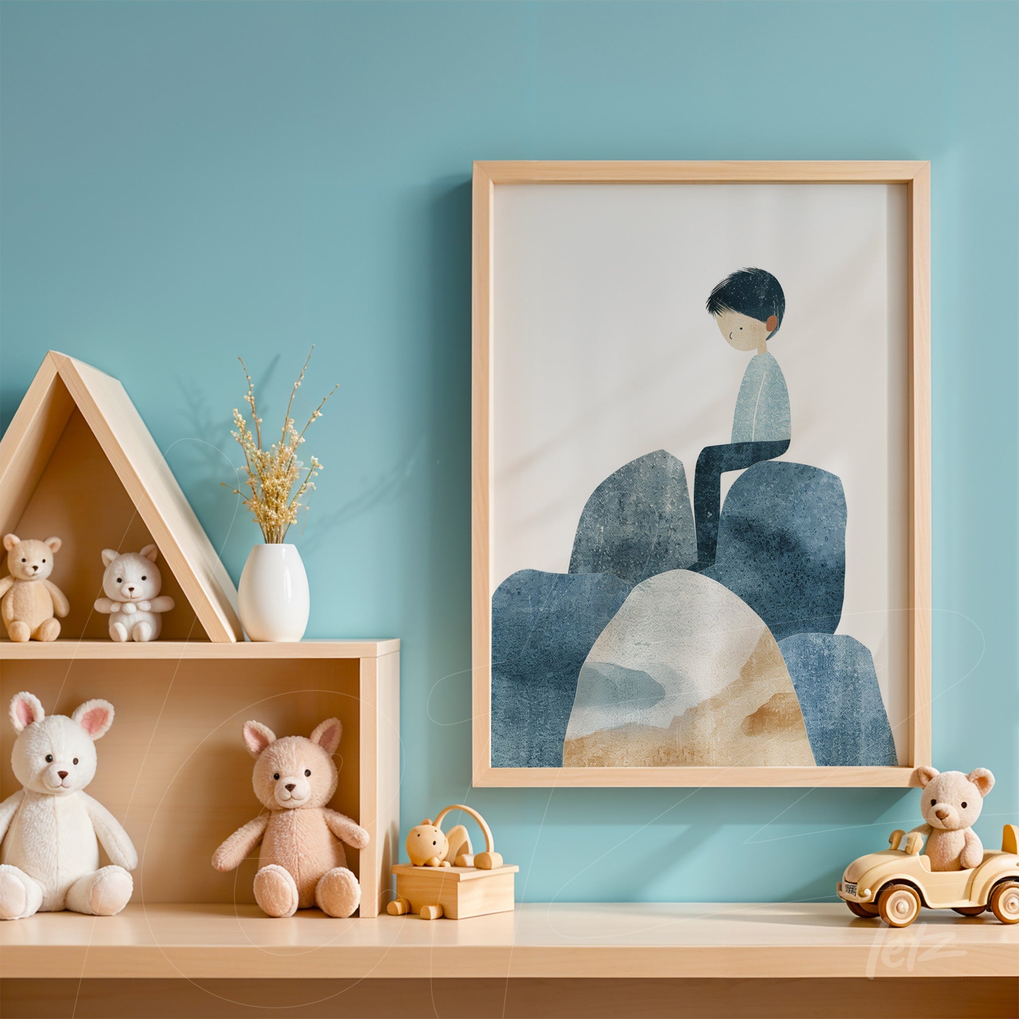 quadro com arte infantil de um menino sentado sobre pedras em moldura clara, exposto em parede azul