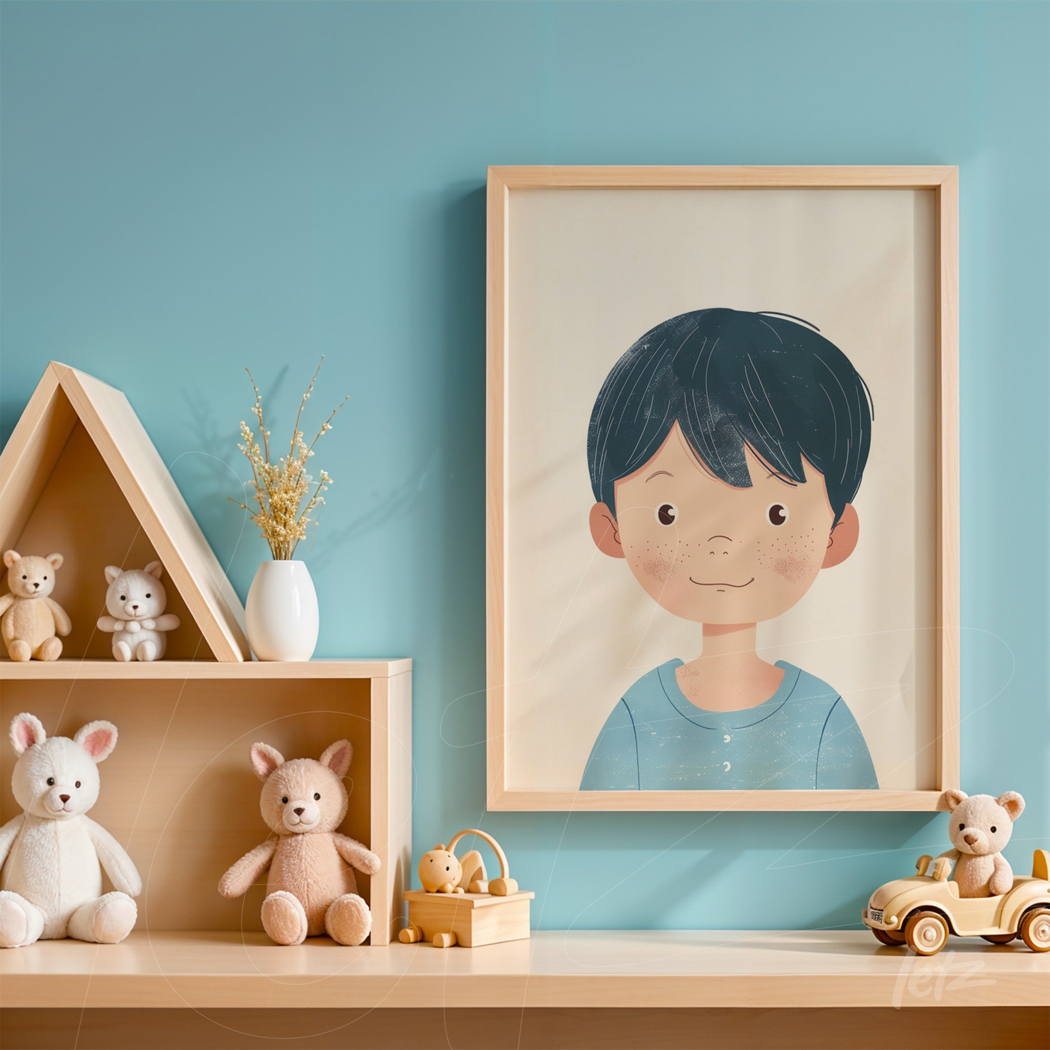 quadro emoldurado com ilustração de menino sorridente com cabelo escuro sobre fundo aquático, exibido em parede azul com decoração infantil