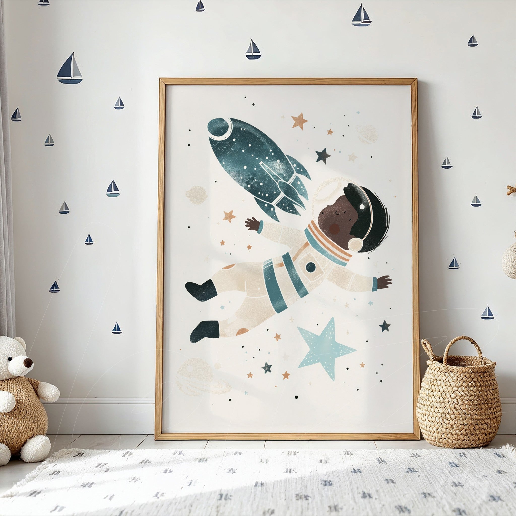 quadro com ilustração infantil de astronauta flutuando entre estrelas em moldura de madeira clara
