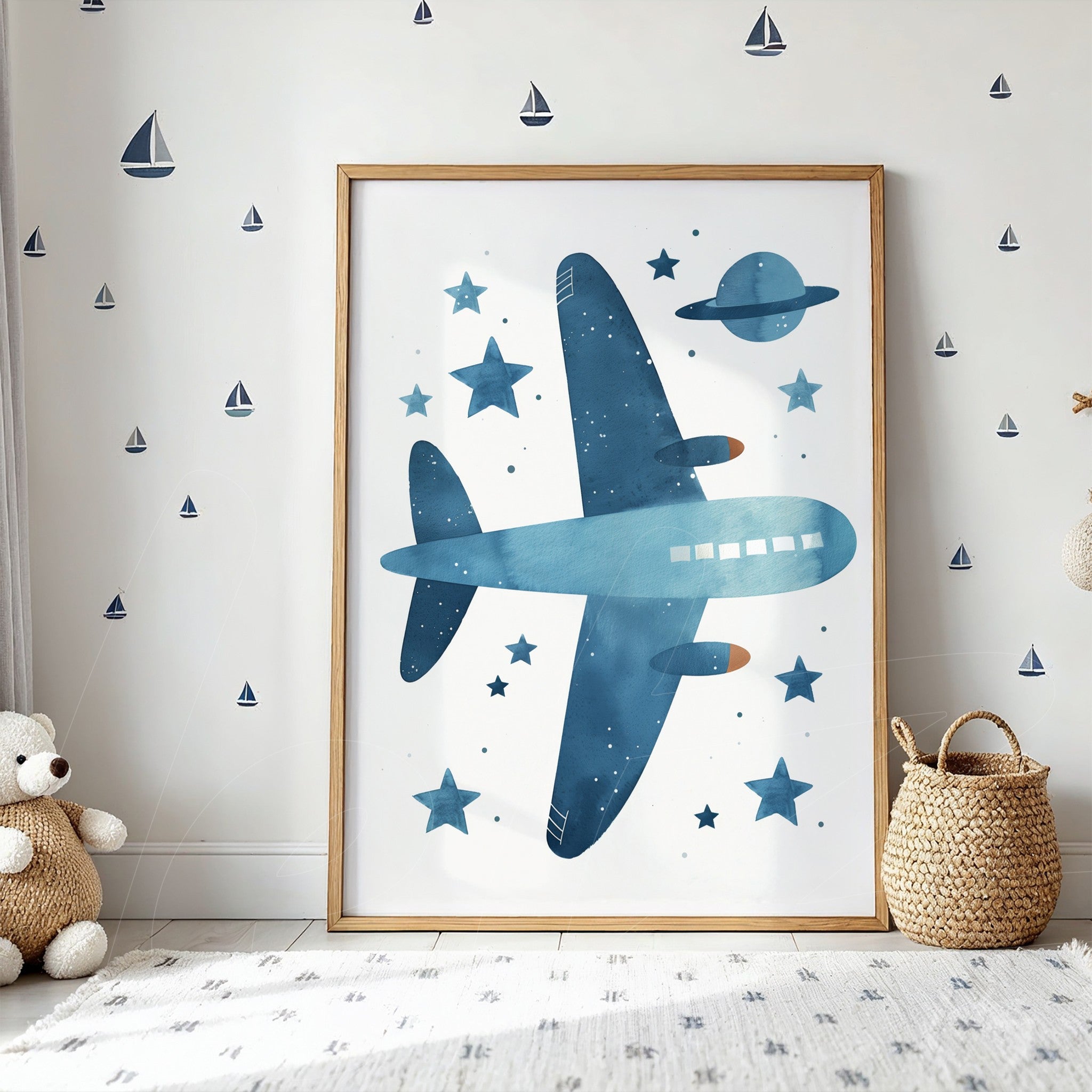 quadro emoldurado com ilustração de um avião azul em um céu estrelado com um planeta, decorado com estrelas e barcos em fundo branco