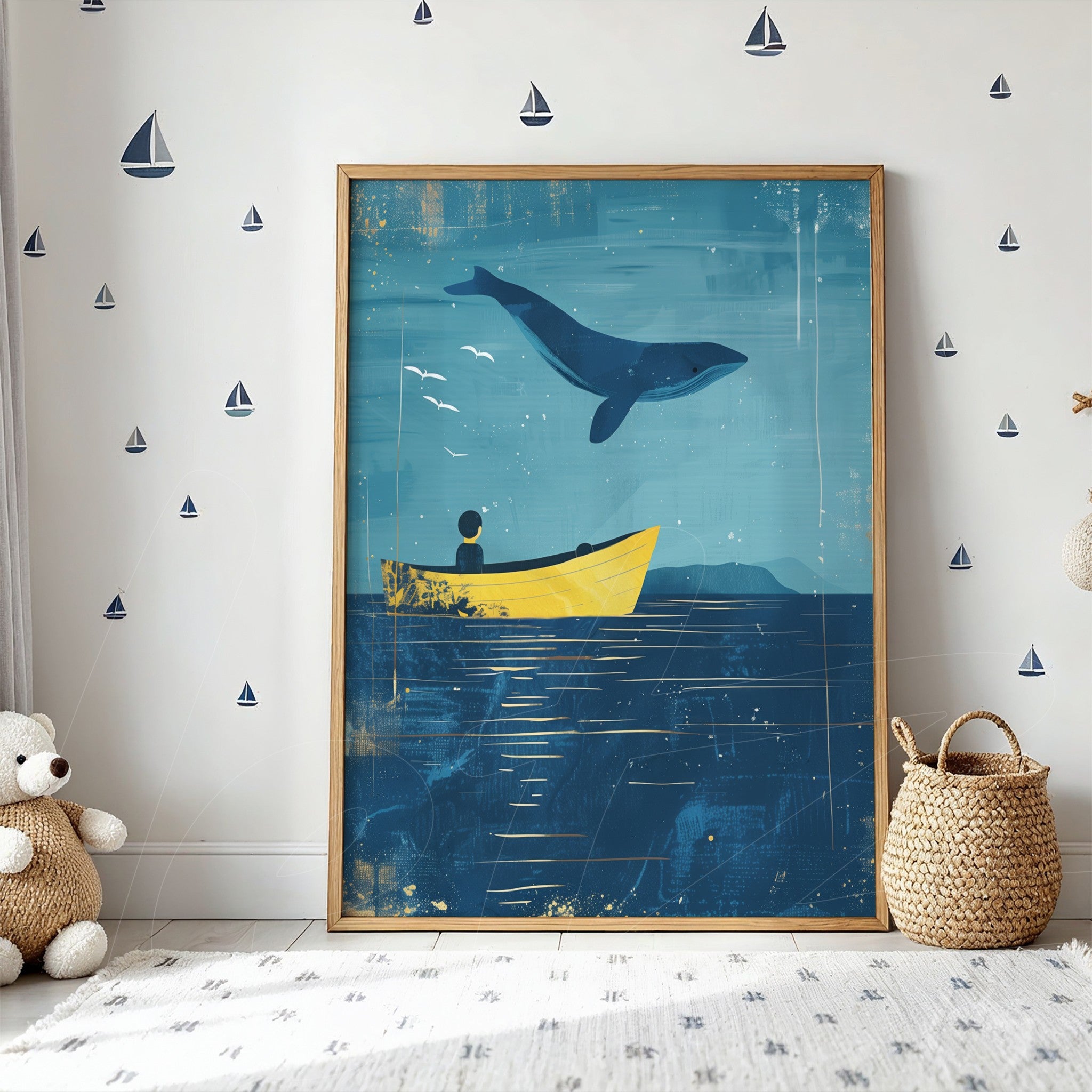 quadro com ilustração de uma baleia saltando sobre um barco amarelo em um fundo azul profundo com ondas