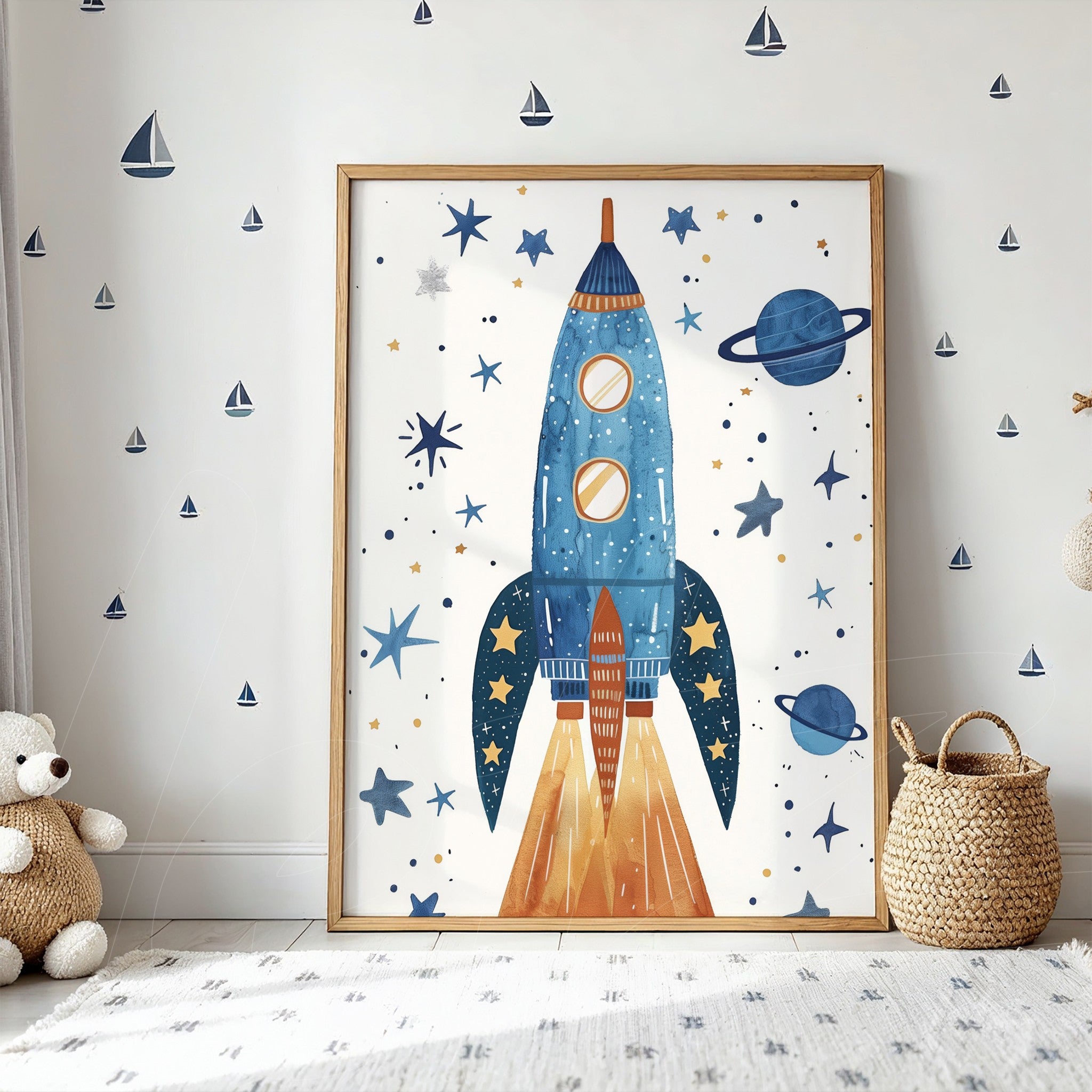 quadro com arte infantil de um foguete azul decorado com estrelas e planetas, moldura de madeira clara
