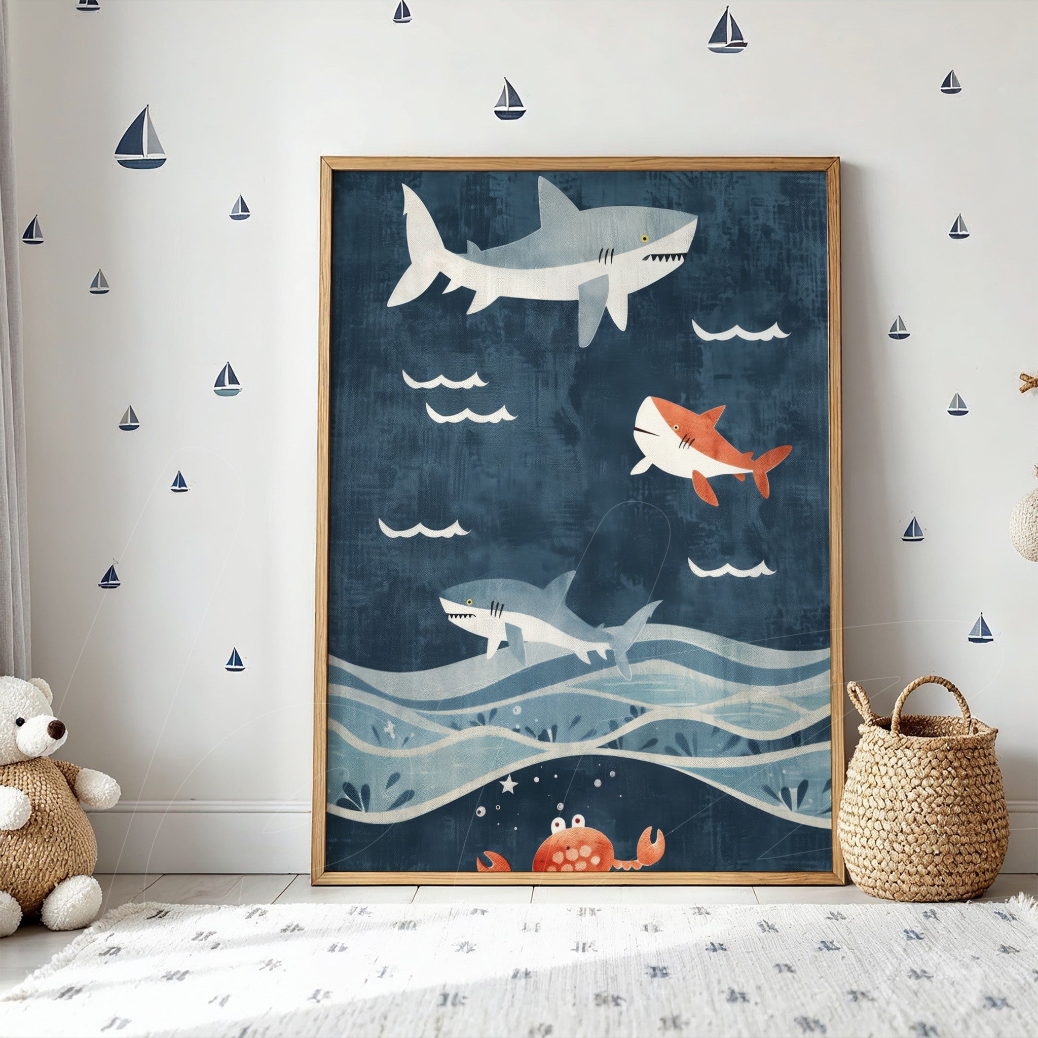 quadro com arte divertida de tubarões nadando em um mar azul com uma texturização suave, moldura de madeira clara ao fundo com decoração infantil