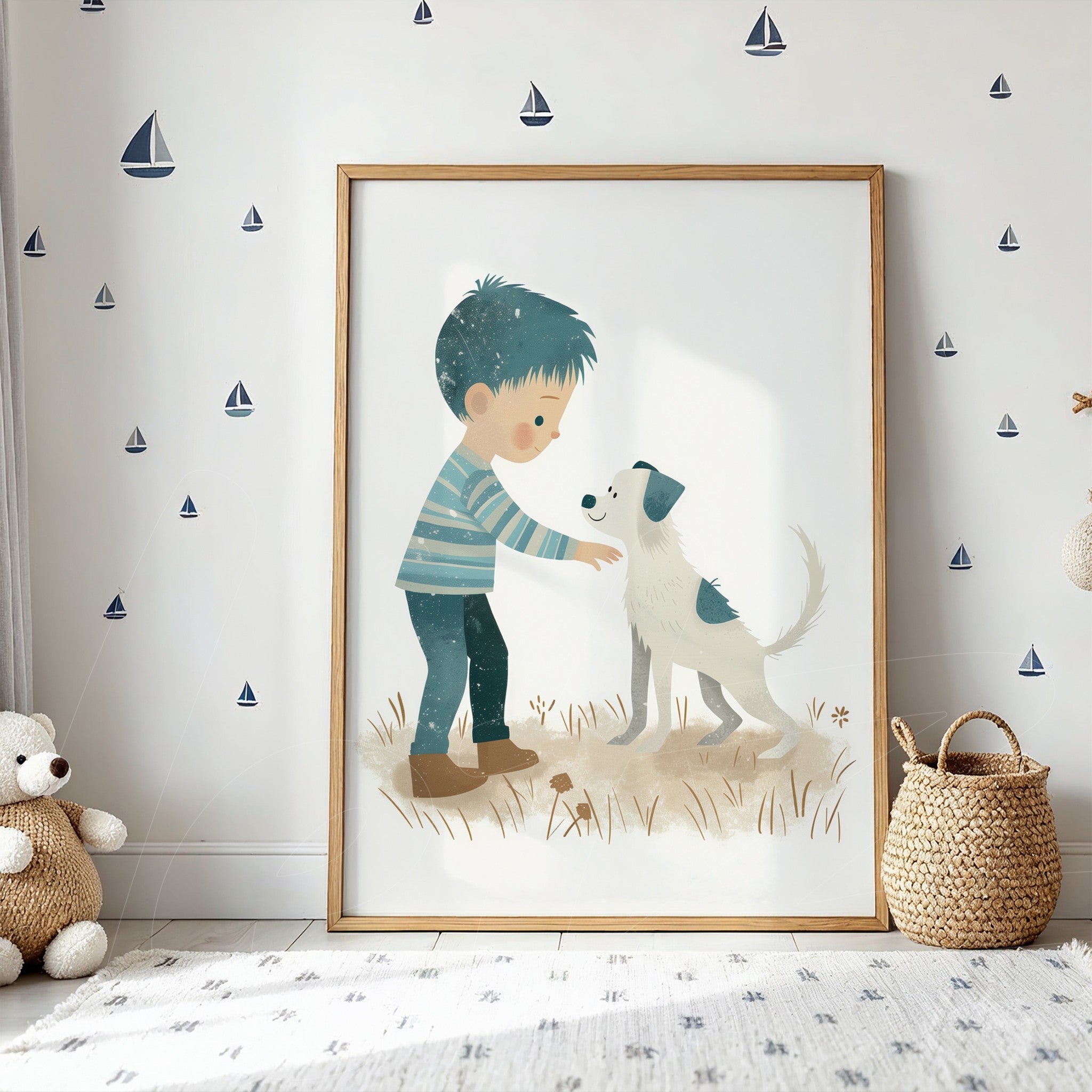 quadro com ilustração de menino interagindo com um cachorro em moldura de madeira clara