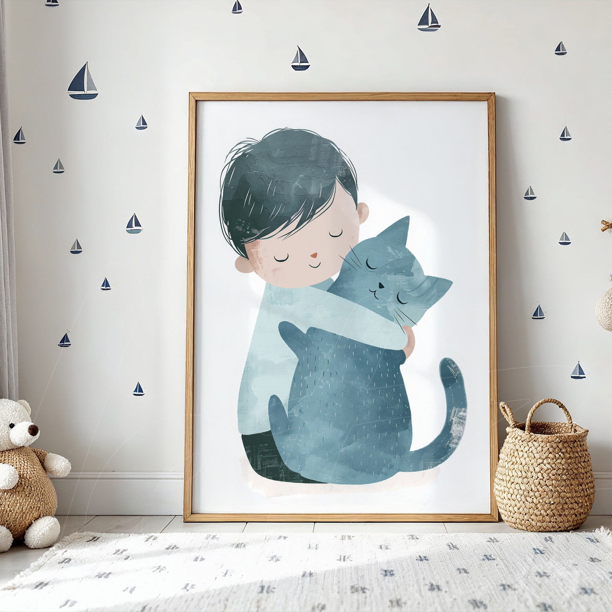 quadro com ilustração de menino abraçando um gato azul em moldura de madeira clara, exibido em uma parede decorada com pequenos barcos