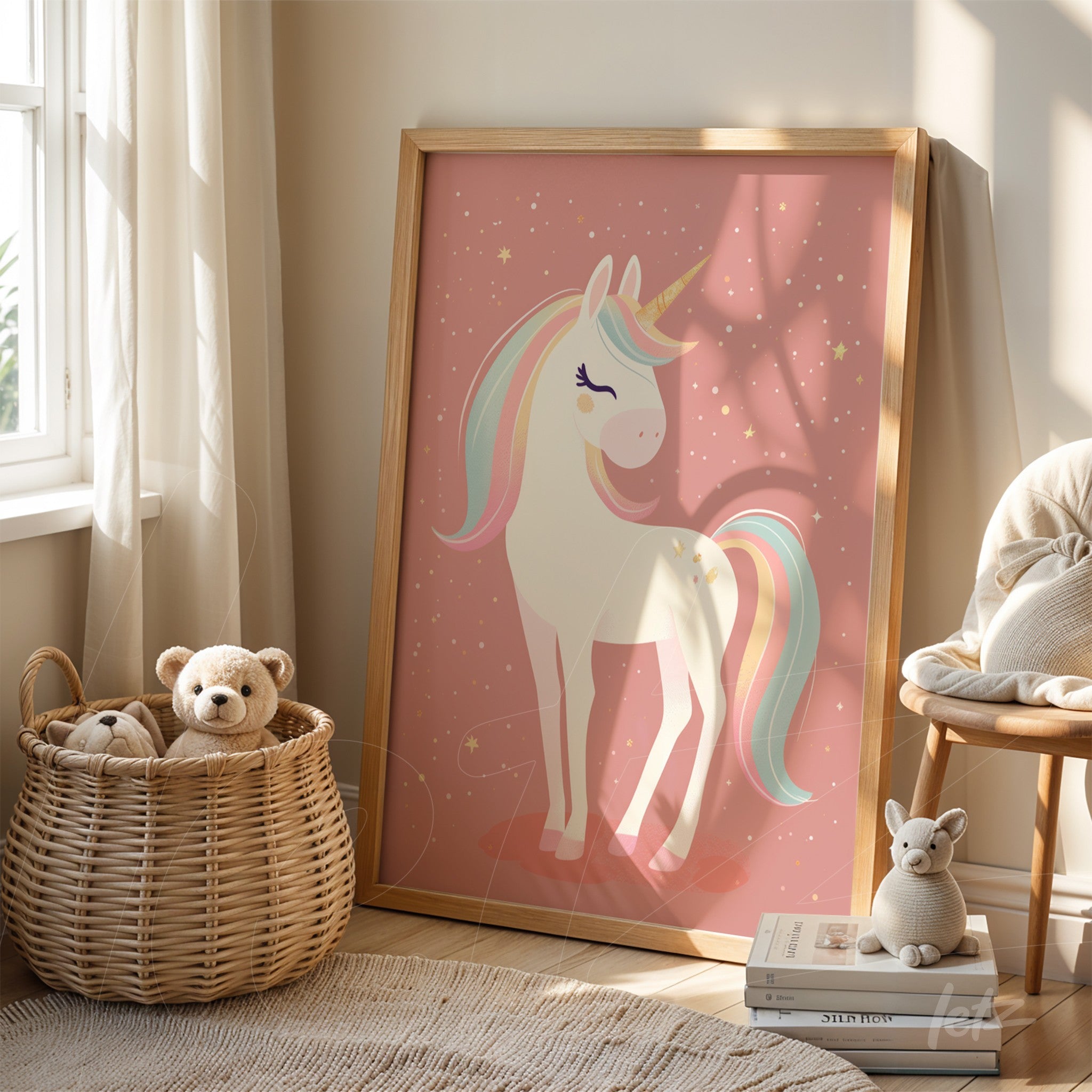 quadro com ilustração de unicórnio em fundo rosa com detalhes em estrelas e moldura de madeira clara