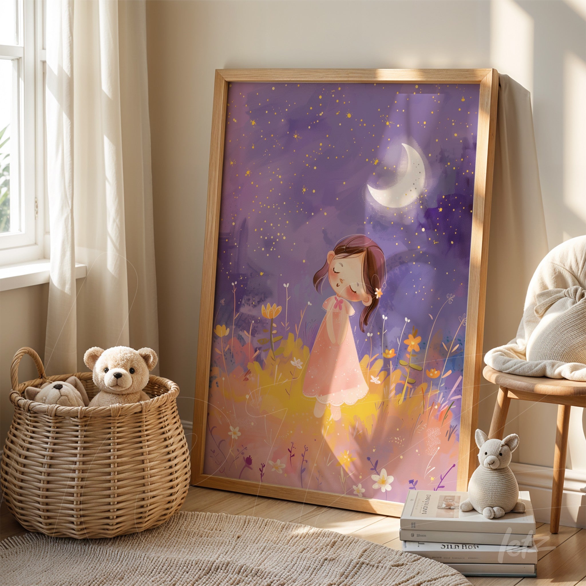 quadro com ilustração de menina sonhando sob a luz da lua em moldura de madeira clara