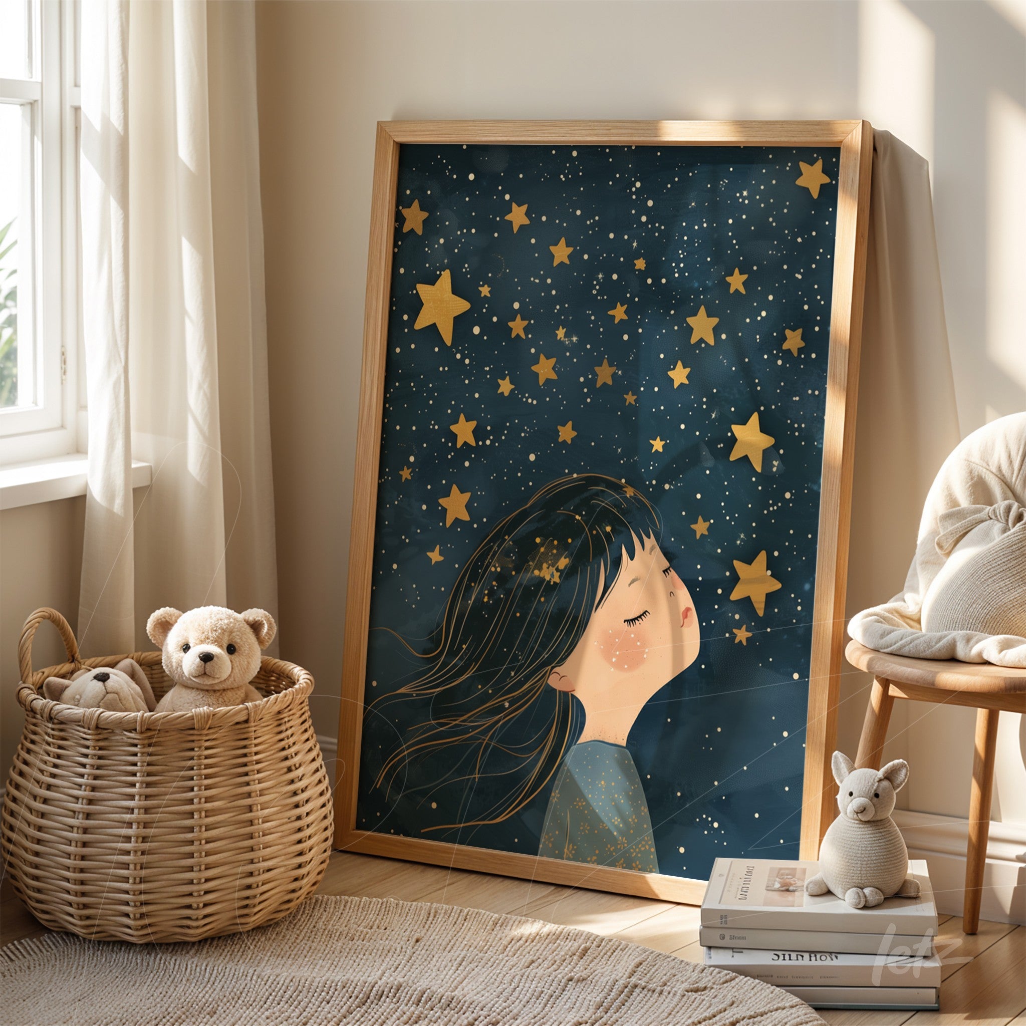 quadro com arte de menina sonhadora em fundo azul estrelado e moldura de madeira clara