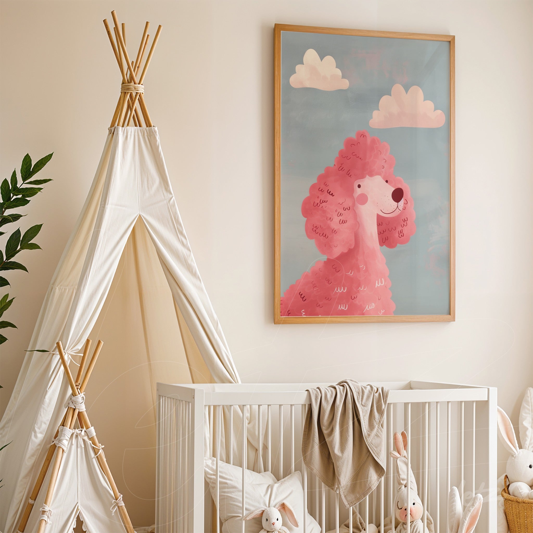 quadro decorativo com ilustração de poodle rosa emoldurado com vidro sobre parede neutra ao lado de berço e tenda infantil