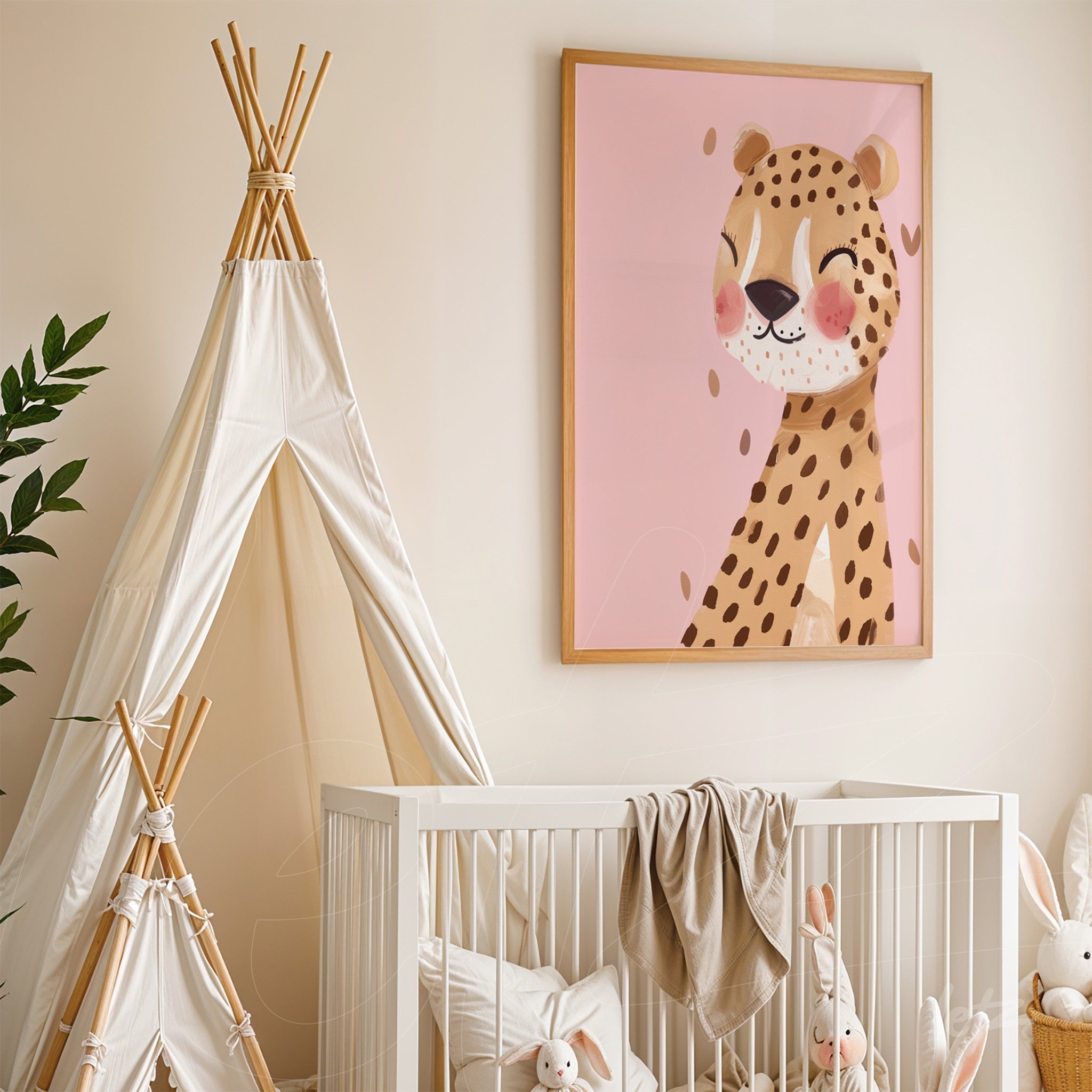 quadro com ilustração de leopardo sorridente em fundo rosa com moldura clara em ambiente infantil