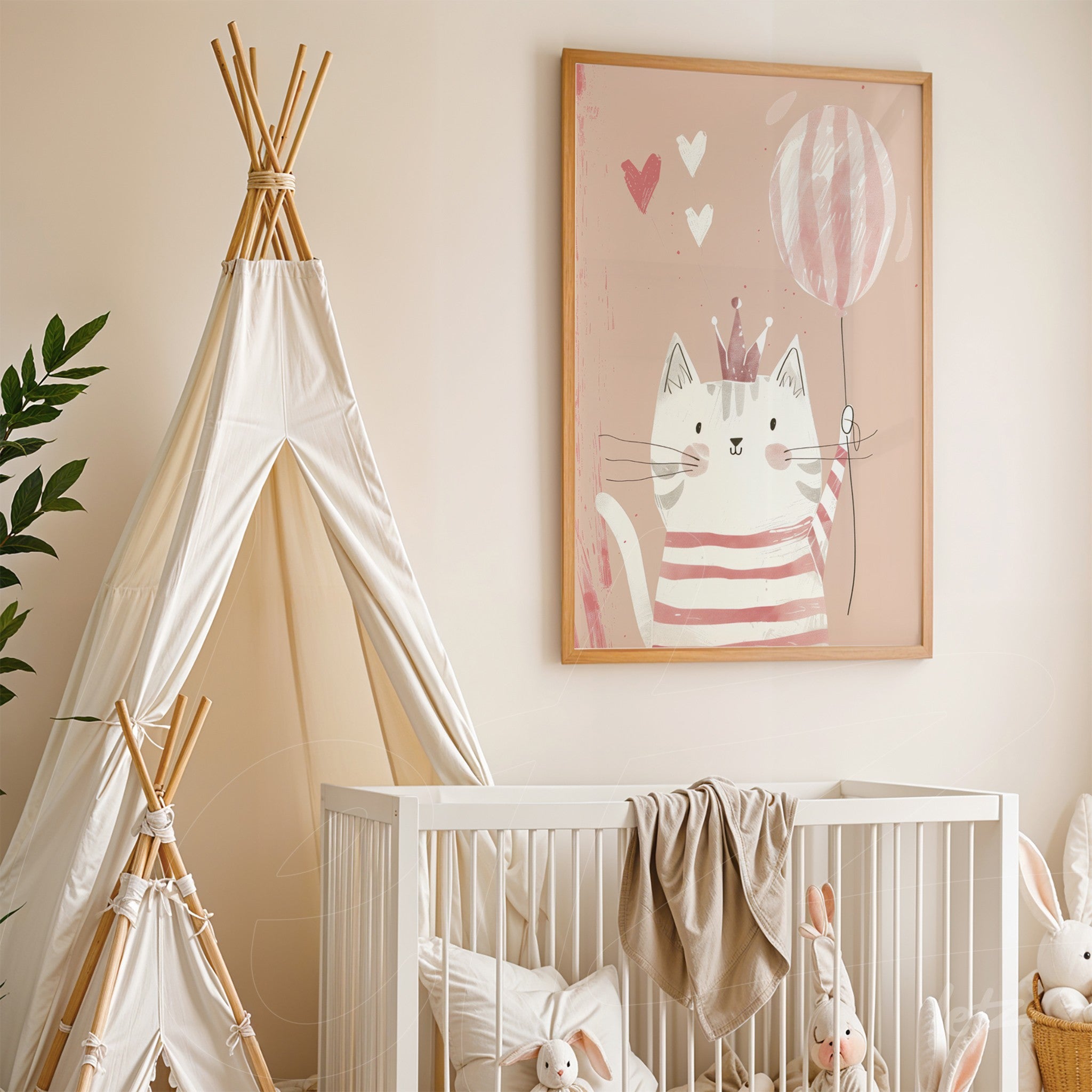 quadro com ilustração de gato estilizado segurando um balão, com moldura de madeira clara, exposto em um quarto infantil com cores suaves