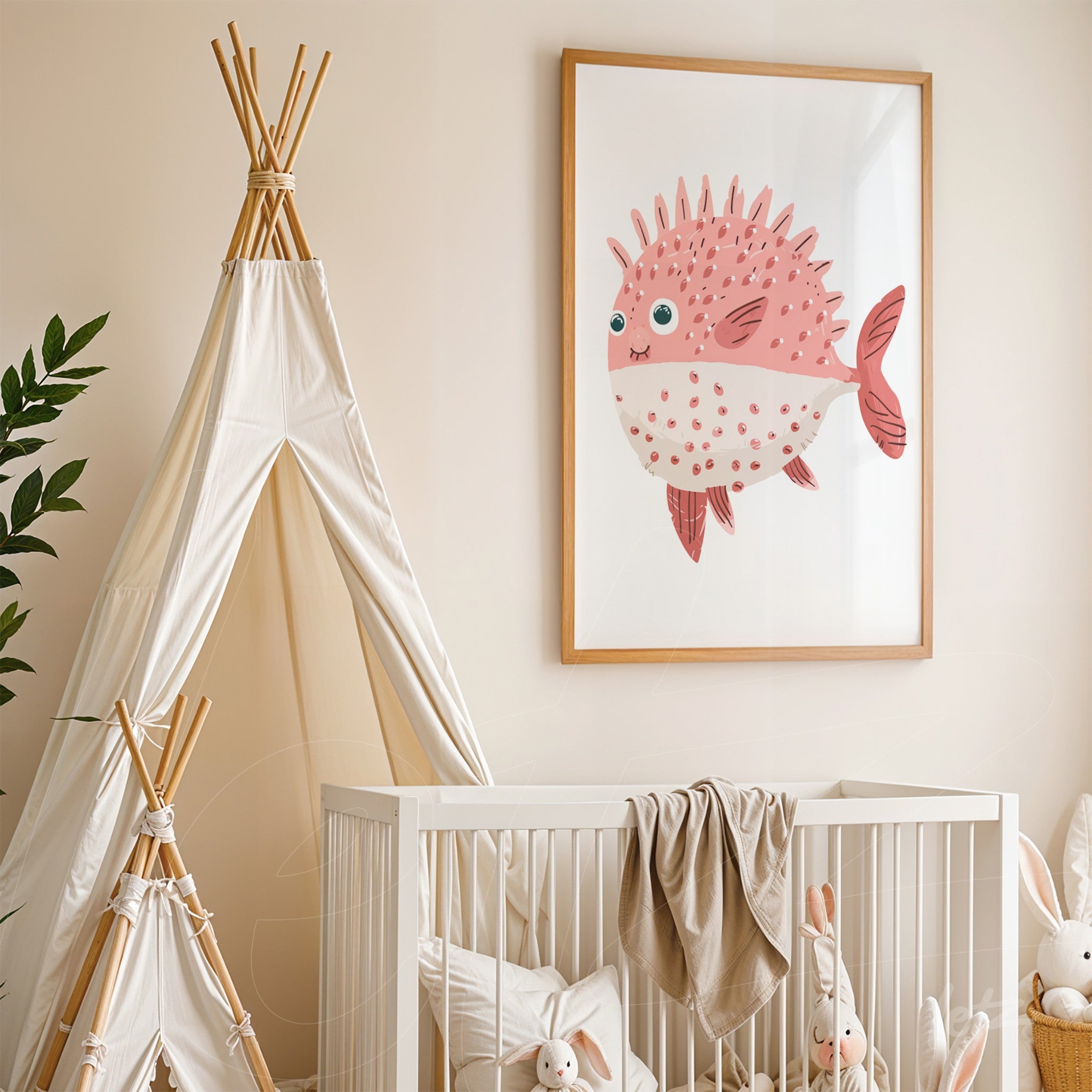 quadro com ilustração de peixe rosa em moldura de madeira clara, exposto em ambiente de quarto de bebê ao lado de um berço e tenda branca