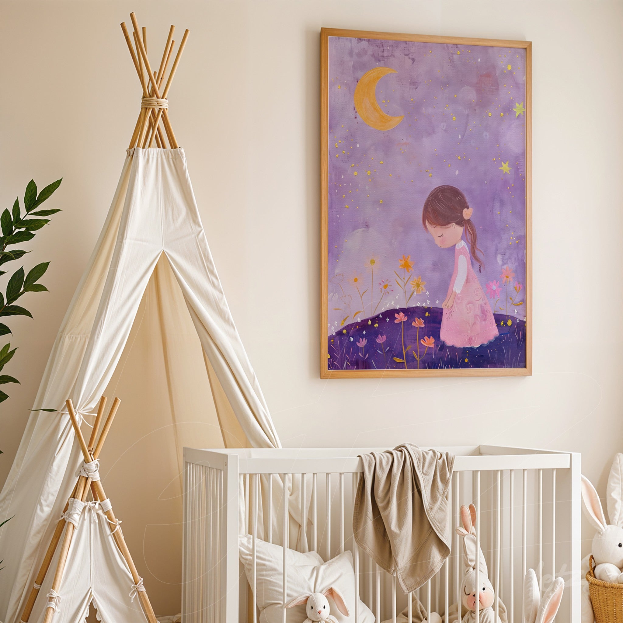 quadro com arte infantil de menina em vestido rosa, rodeada por flores em fundo roxo com lua
