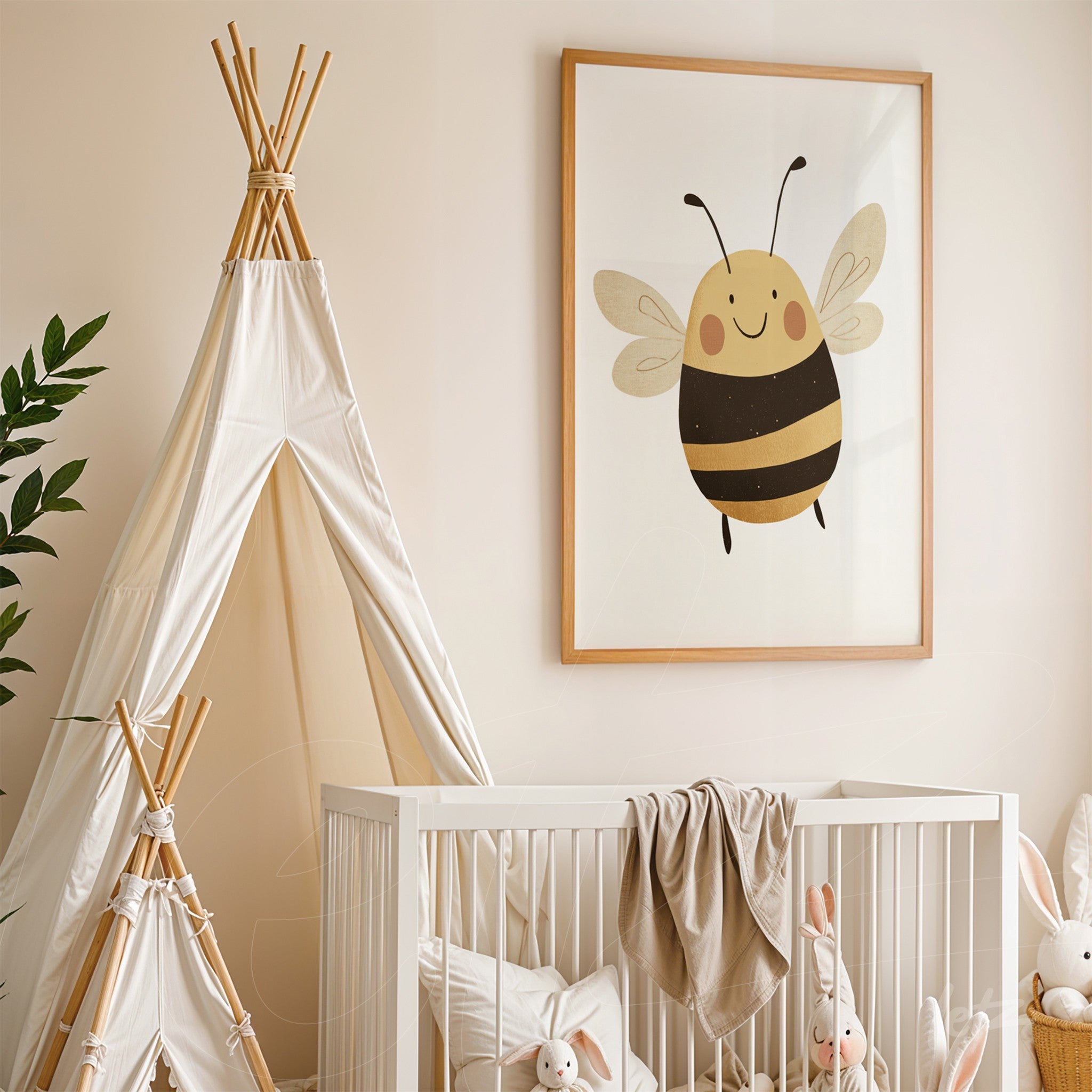 quadro com ilustração de uma abelha feliz em moldura de madeira clara, exibido em quarto infantil com berço e tenda de pano clara